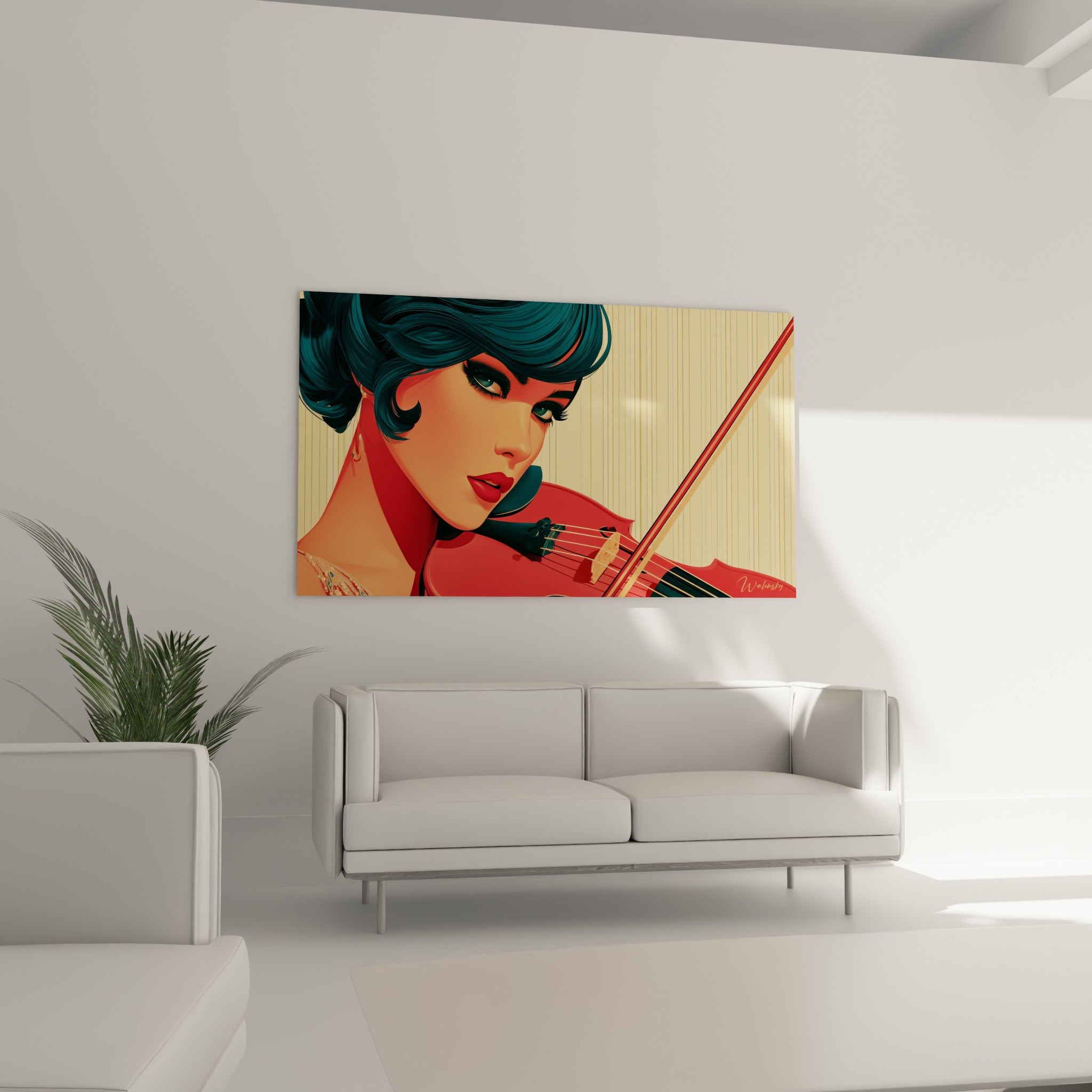 Femme brune penchée sur son violon rouge, cheveux bleu pétrole, au-dessus d'un canapé dans un salon lumineux
