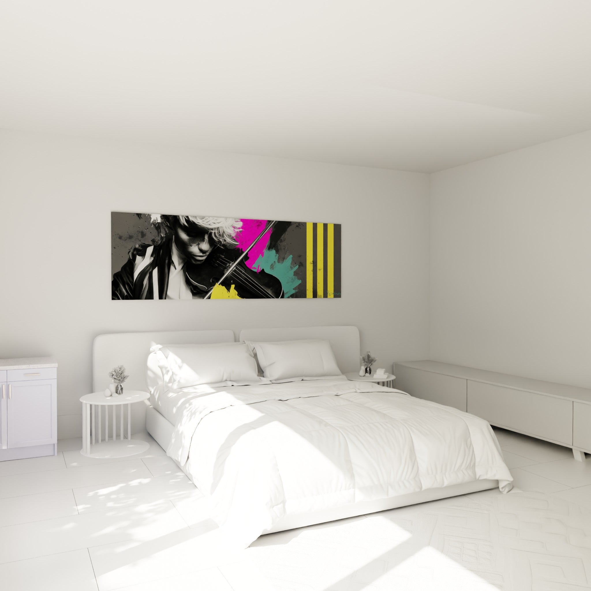 Musicien concentré sur son violon, touches turquoise et jaunes, au-dessus d'un lit dans une chambre claire