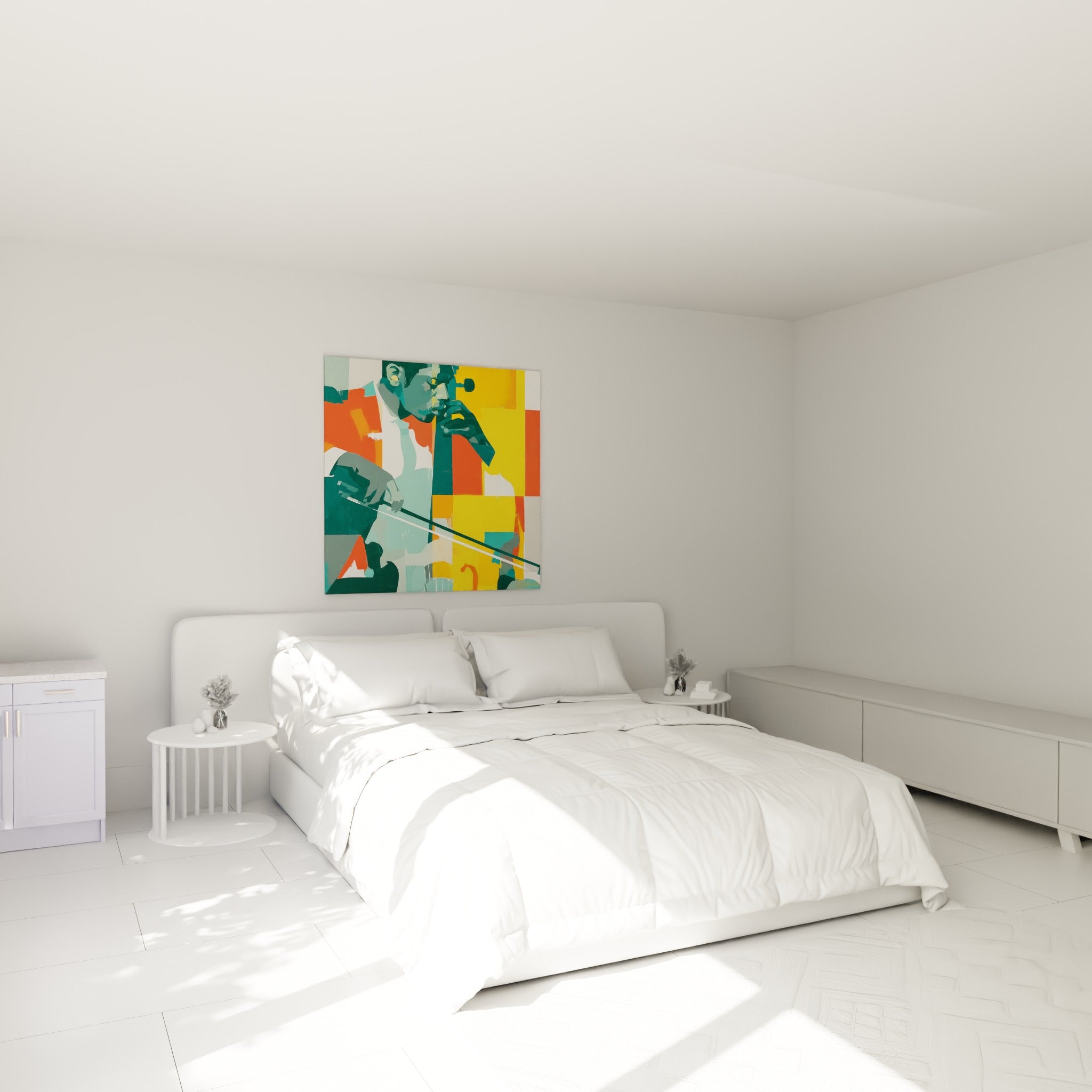 Musicien à l'archet levé, teintes jaune safran et corail, au-dessus d'un lit dans une chambre claire