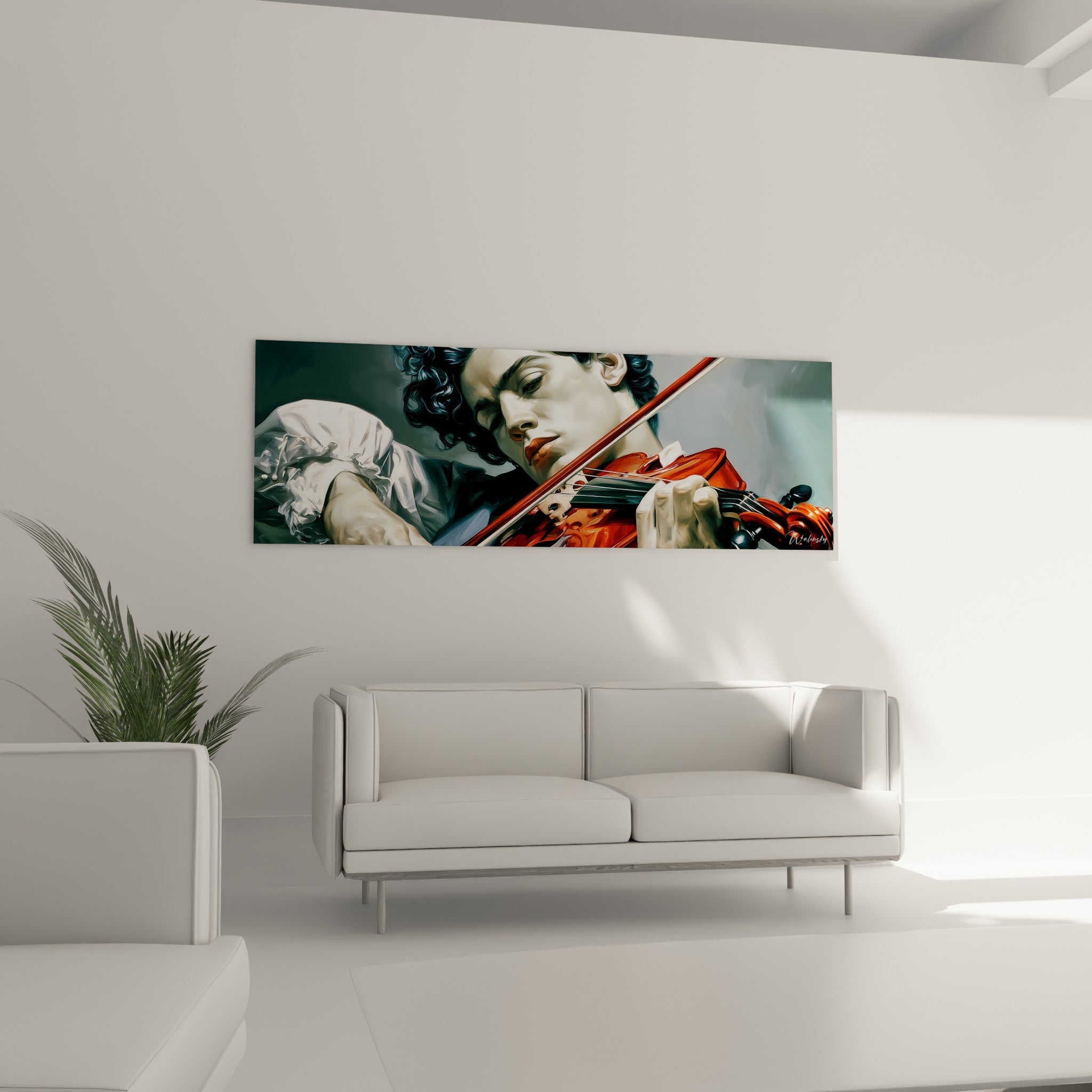Archet glissant sur les cordes d'un violon acajou, boucles brunes et fond bleu ardoise, au-dessus d'un canapé dans un salon lumineux