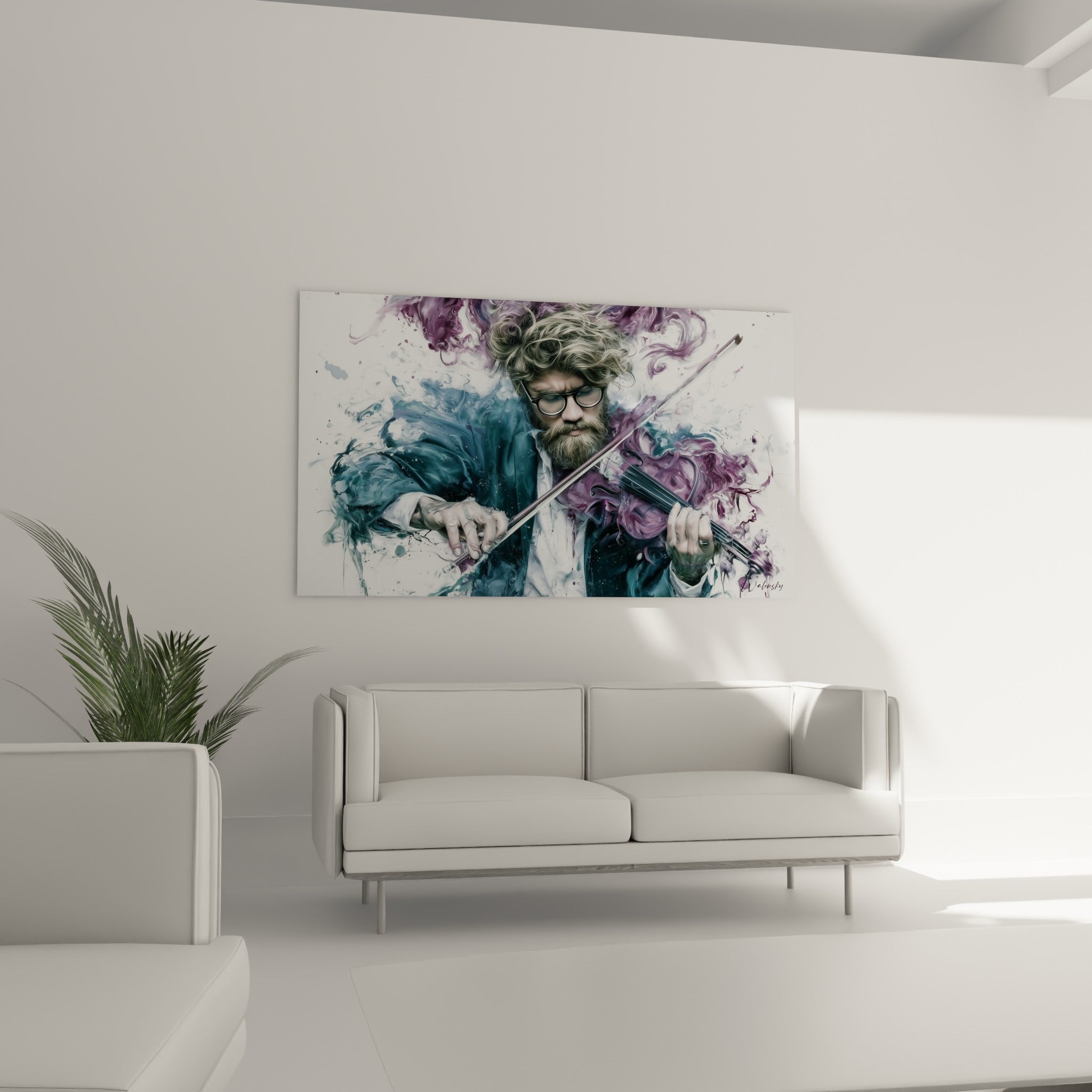 Archet et violon fondus dans des volutes bleu pétrole et violettes, au-dessus d'un canapé dans un salon lumineux