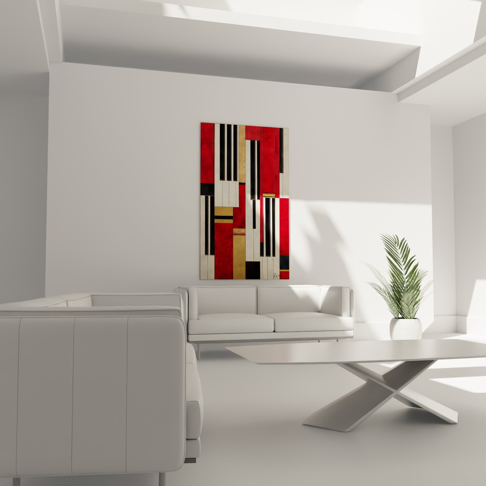 Segments ivoire et rouge profond structurés en clavier abstrait, au-dessus d'un canapé dans un salon lumineux