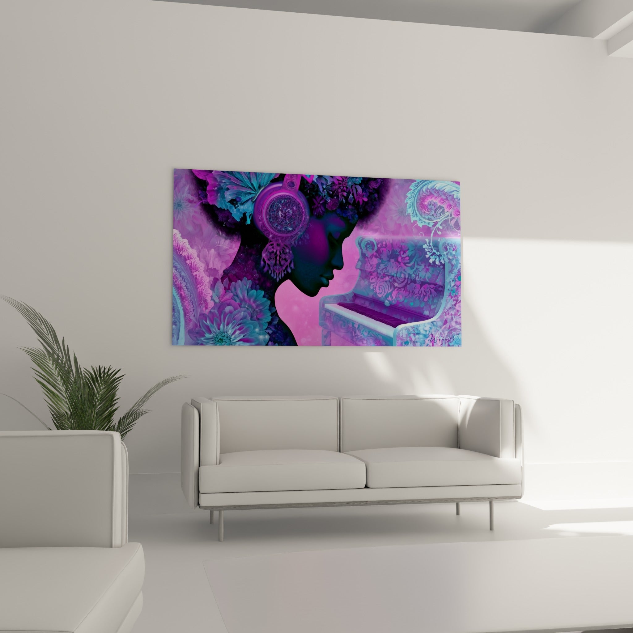 Musique en silhouette turquoise et rose parmi les pétales, au-dessus d'un canapé dans un salon lumineux