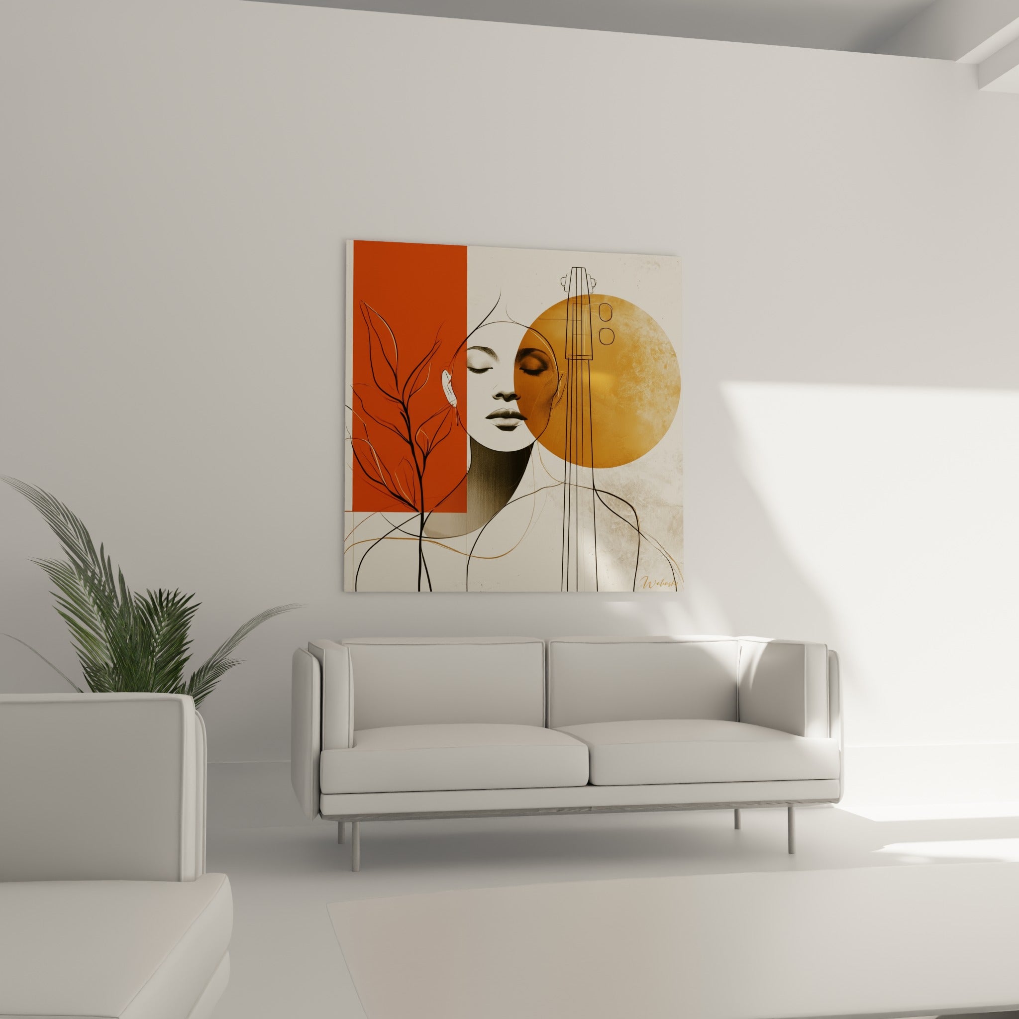 Musique portrait graphique aux teintes ocre et terracotta, au-dessus d'un canapé dans un salon lumineux
