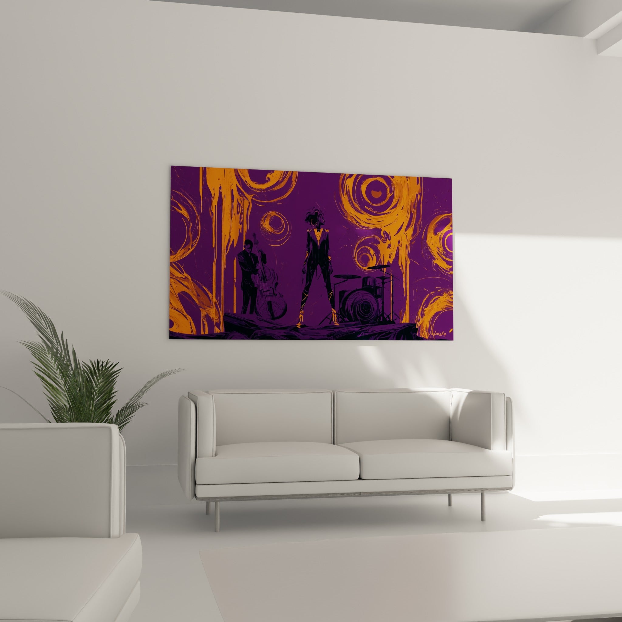 Scène jazz violette et orangée avec chanteuse et batterie, au-dessus d'un canapé dans un salon lumineux