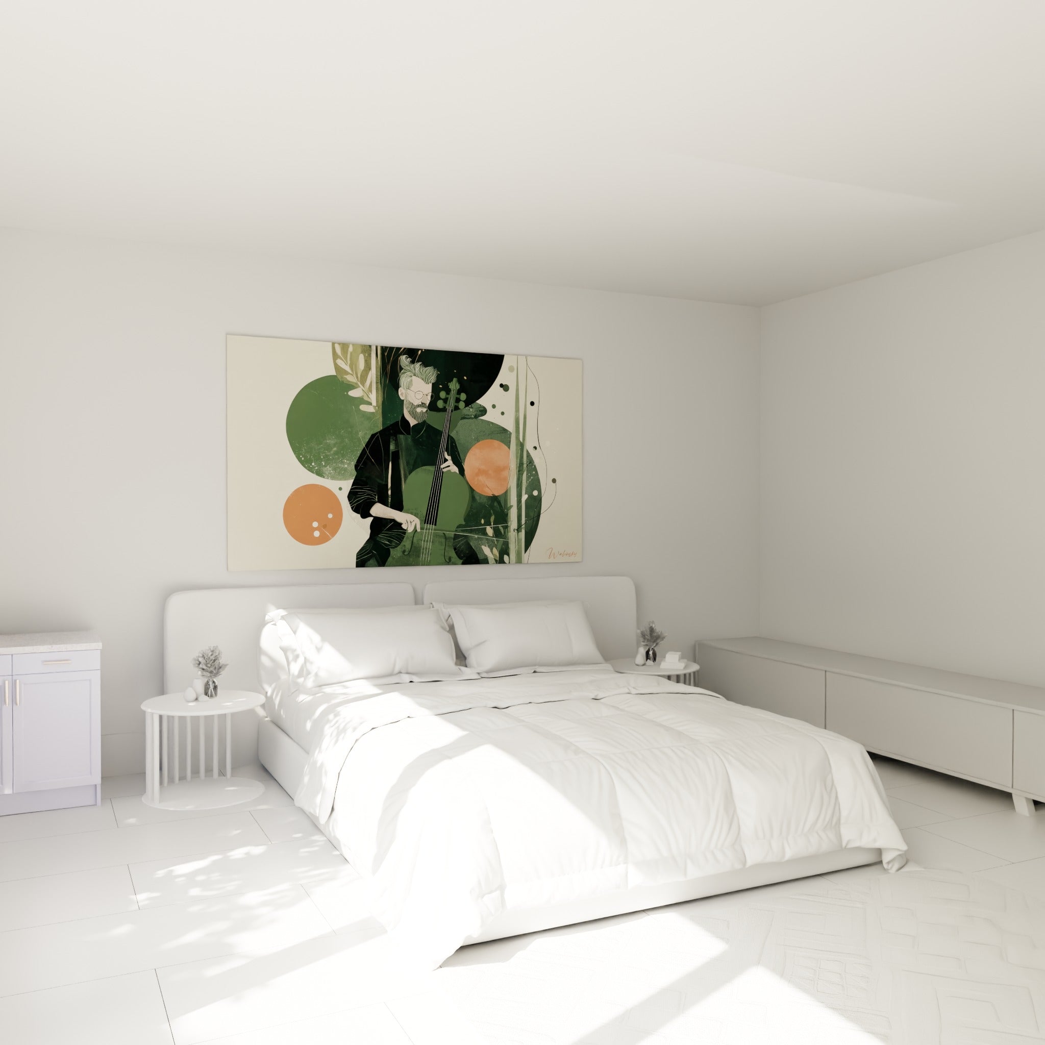 Contrebassiste stylisé en vert sauge et orangé accroché au-dessus d'un lit dans une chambre claire