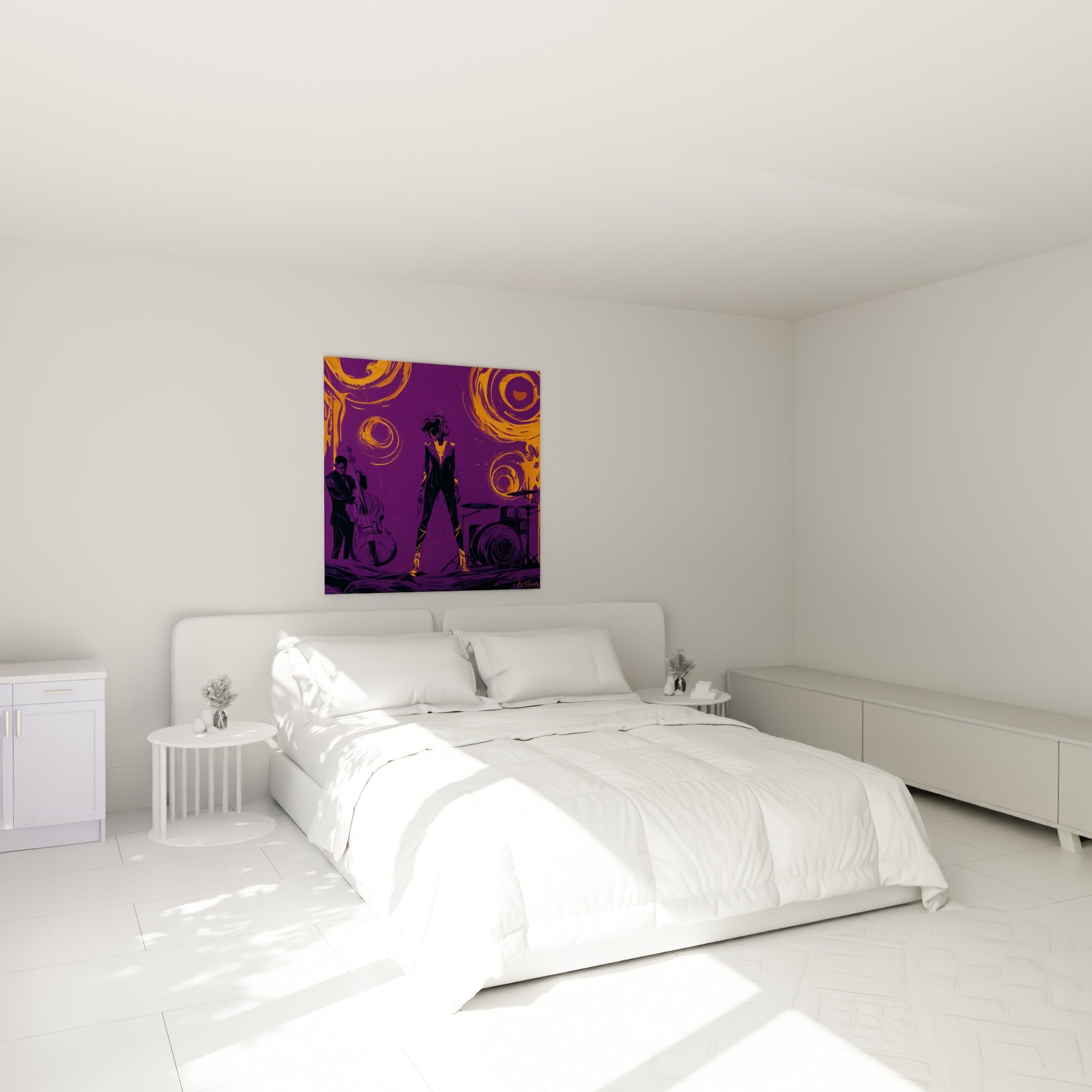 Trio de jazz aux teintes violettes et orange dominant un lit dans une chambre claire et épurée