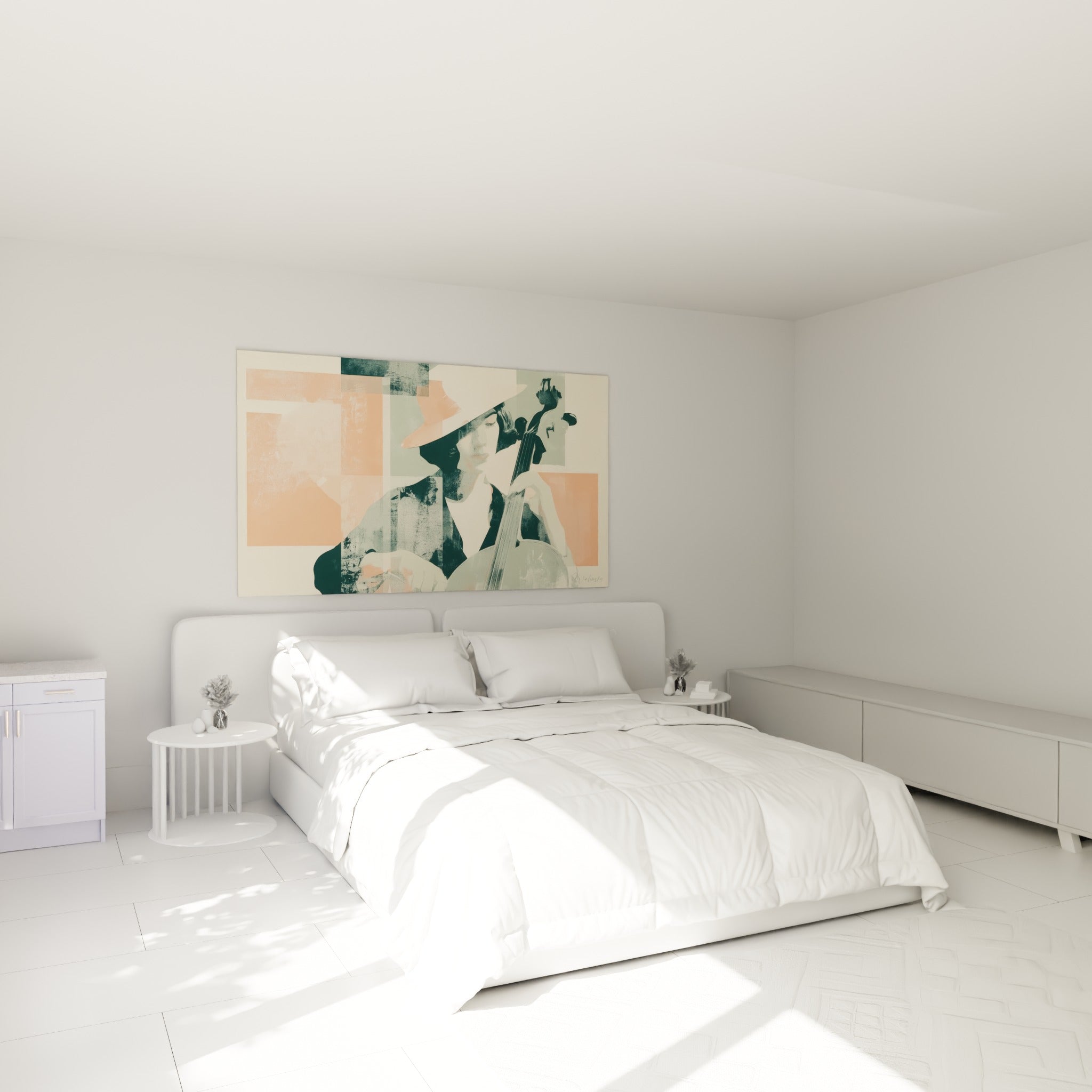 Musicienne penchée sur son violoncelle, corail et anthracite, au-dessus d'un lit dans une chambre claire