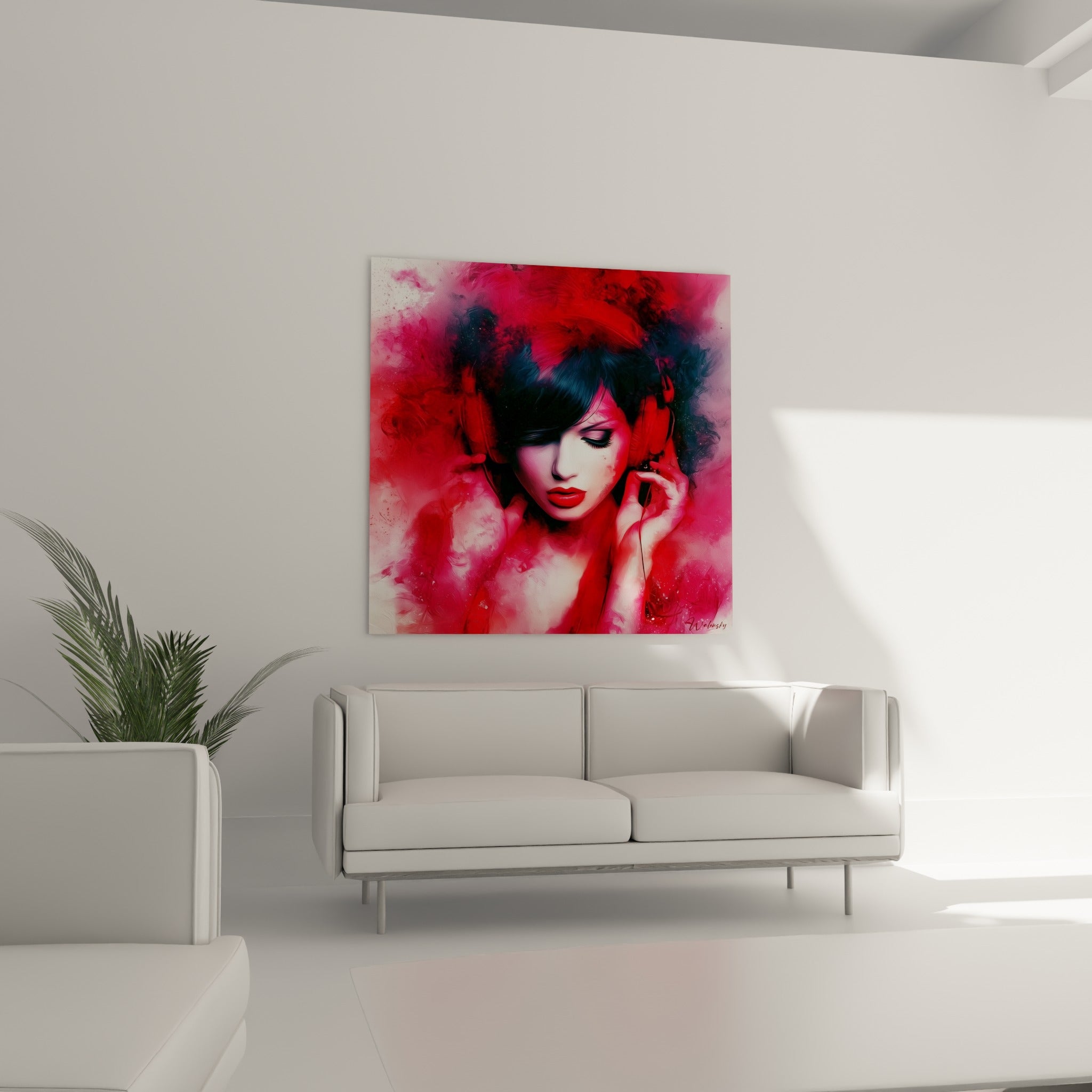 Visage apaisé sous chapeau rouge et cheveux sombres, disposé au-dessus d'un canapé dans un salon lumineux