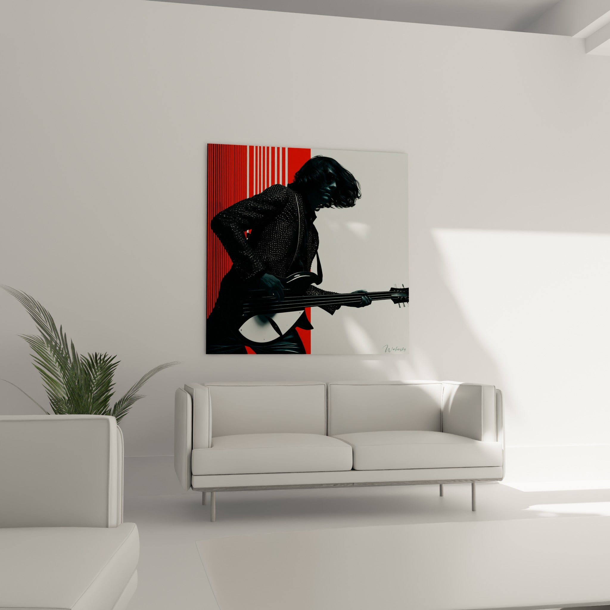Musicienne aux cheveux sombres emportés par le mouvement, rayures rouge et blanc, au-dessus d'un canapé dans un salon lumineux