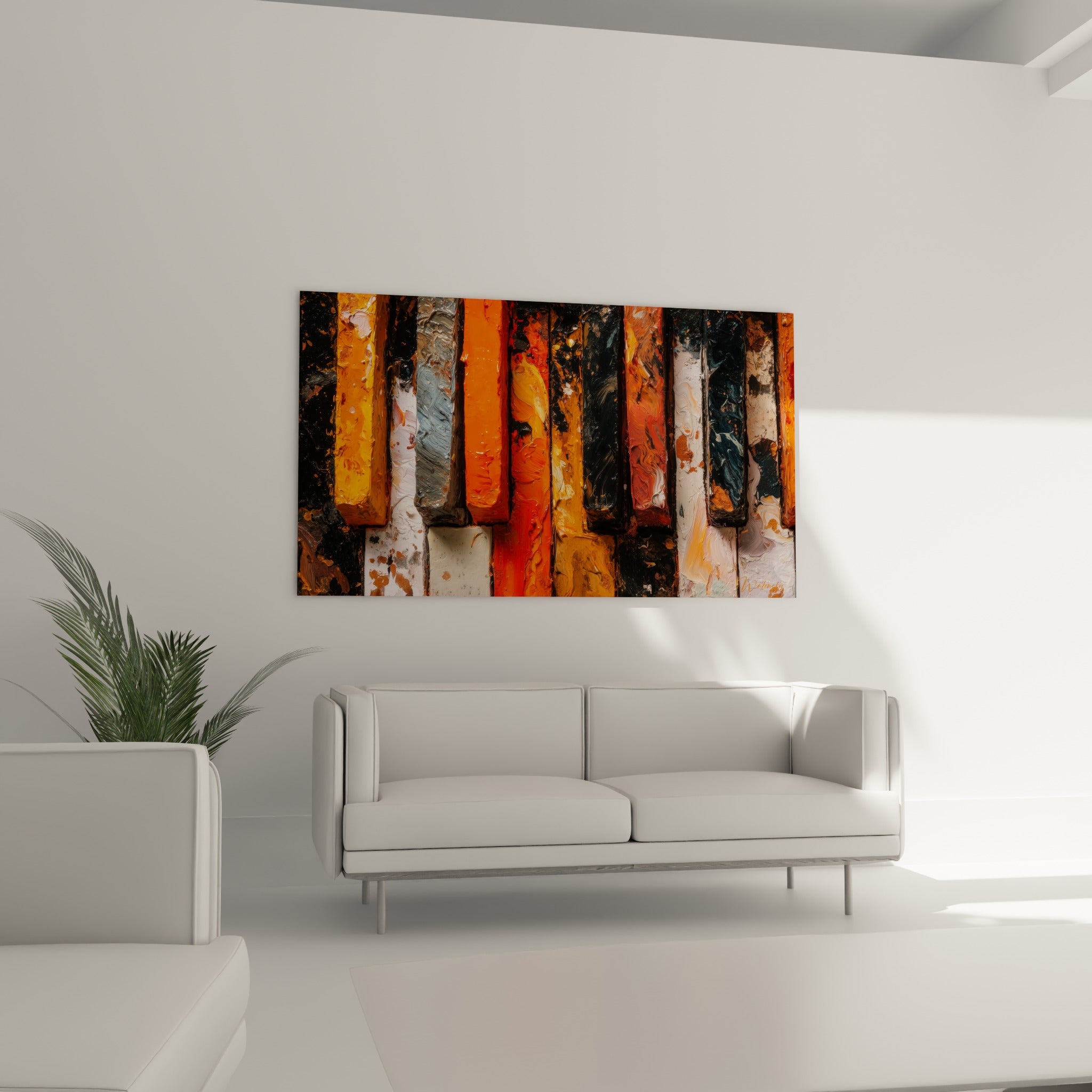 Clavier stylisé orange vif et noir profond, texture picturale intense, au-dessus d'un canapé dans un salon lumineux