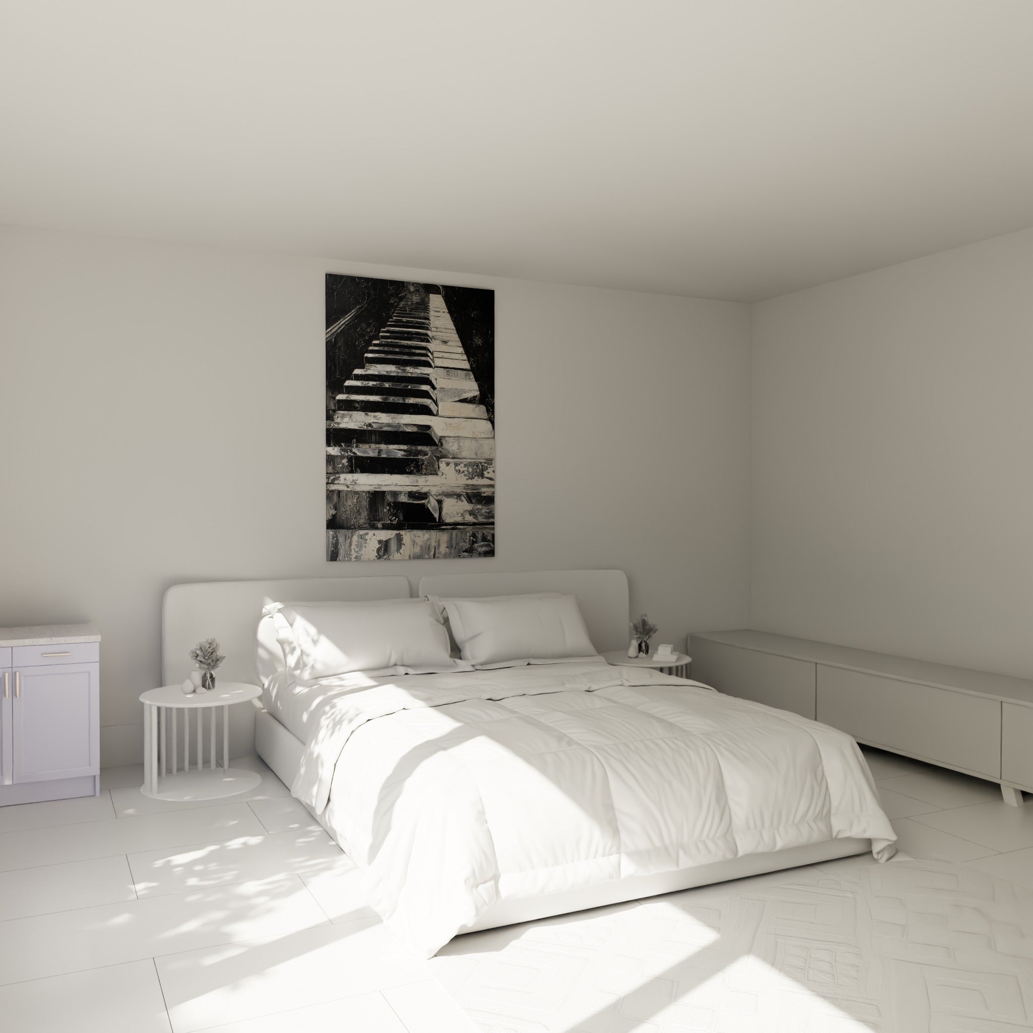 Clavier de piano noir et blanc crème en perspective, accroché au-dessus d'un lit dans une chambre claire