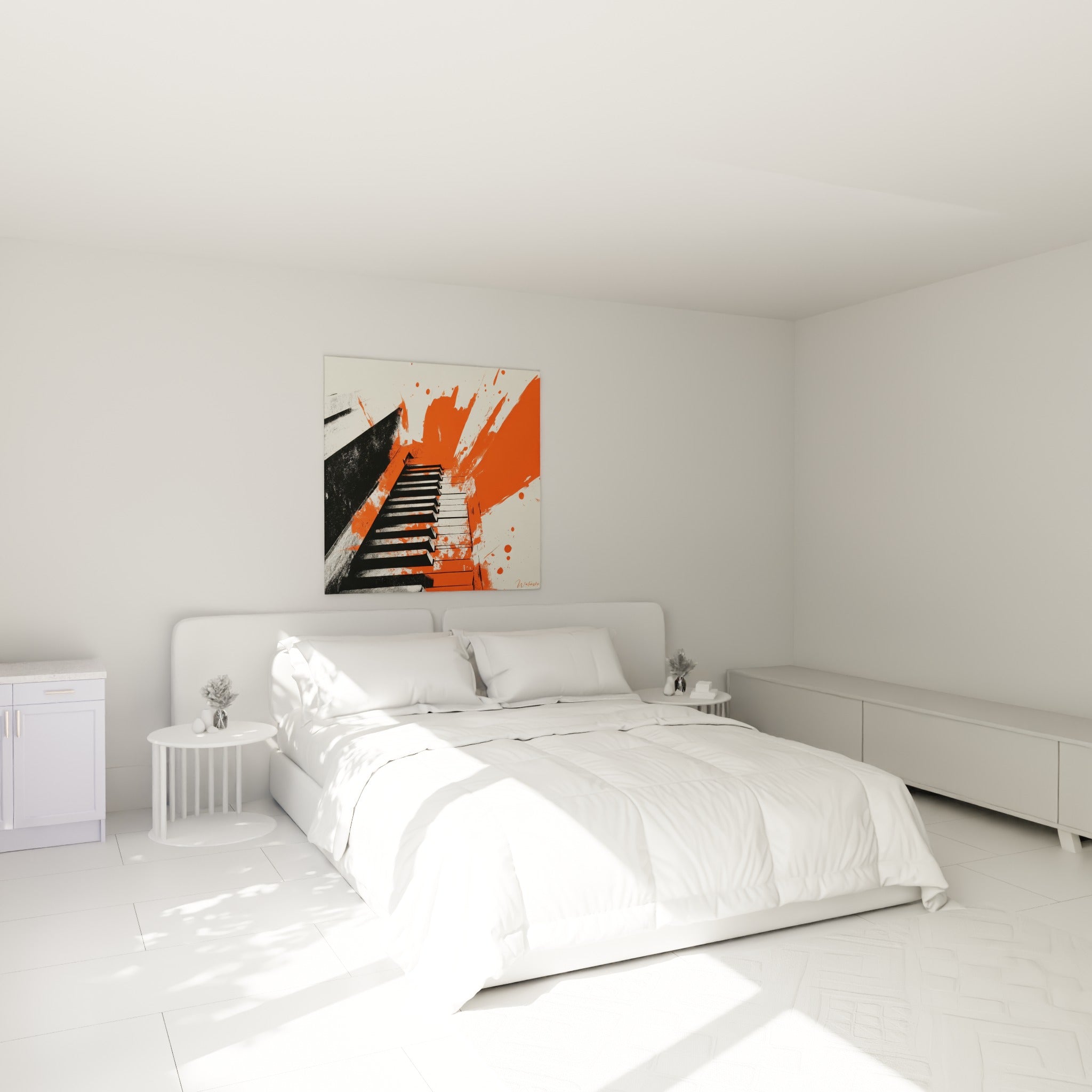 Touches de piano noires et éclaboussures orange vif au-dessus d'un lit dans une chambre claire