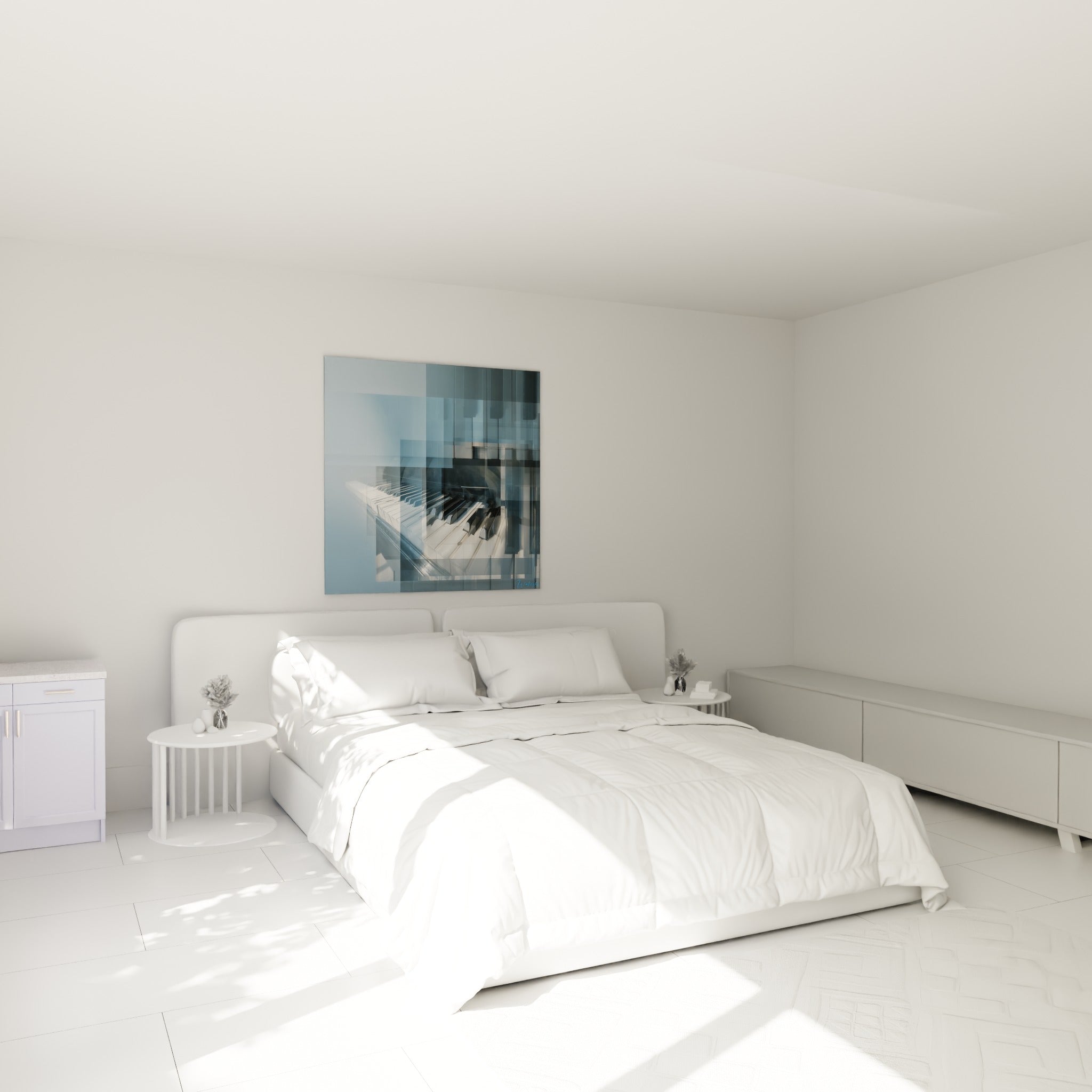 Touches de piano bleutées et anthracite en plans fragmentés, au-dessus d'un lit dans une chambre claire