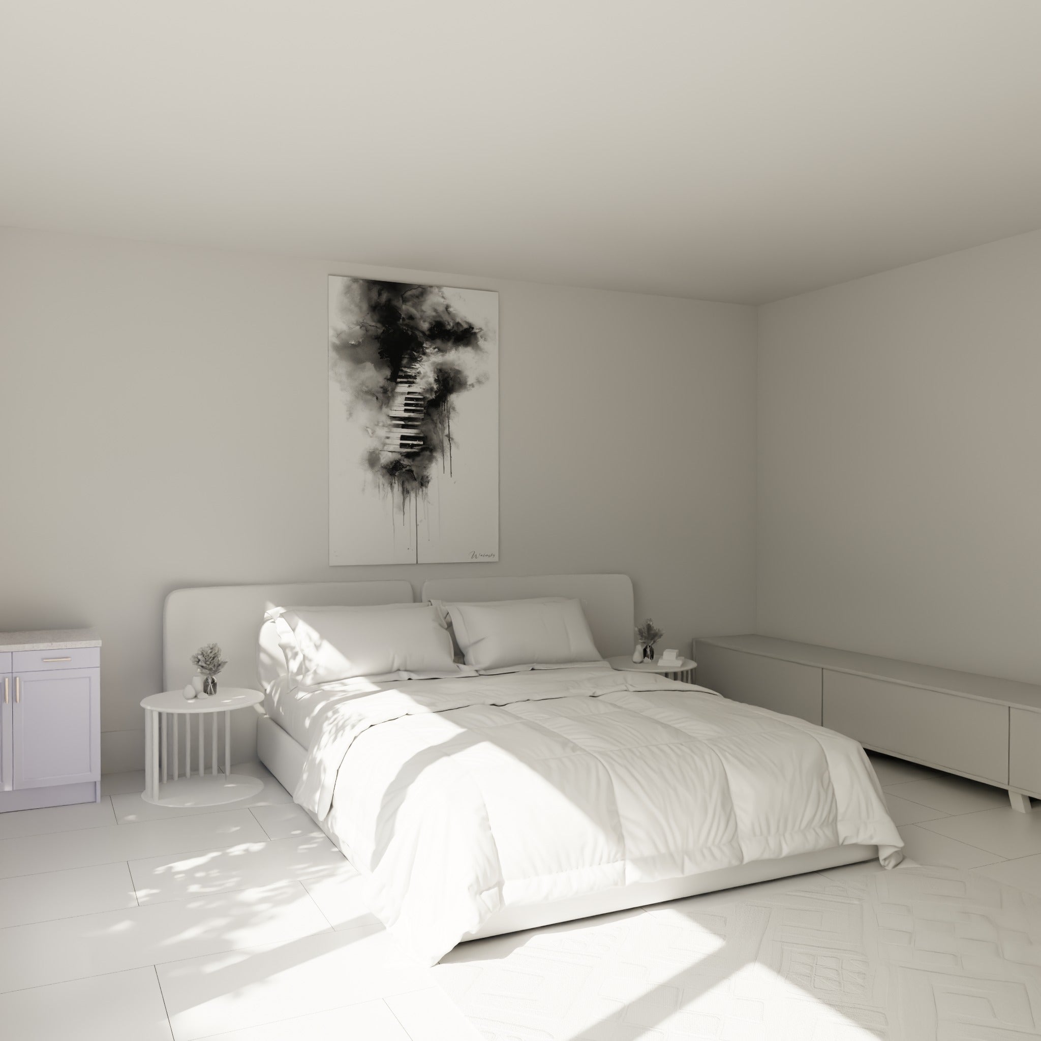 Touches noires et blanches noyées dans la brume d'encre, œuvre accrochée au-dessus d'un lit dans une chambre claire