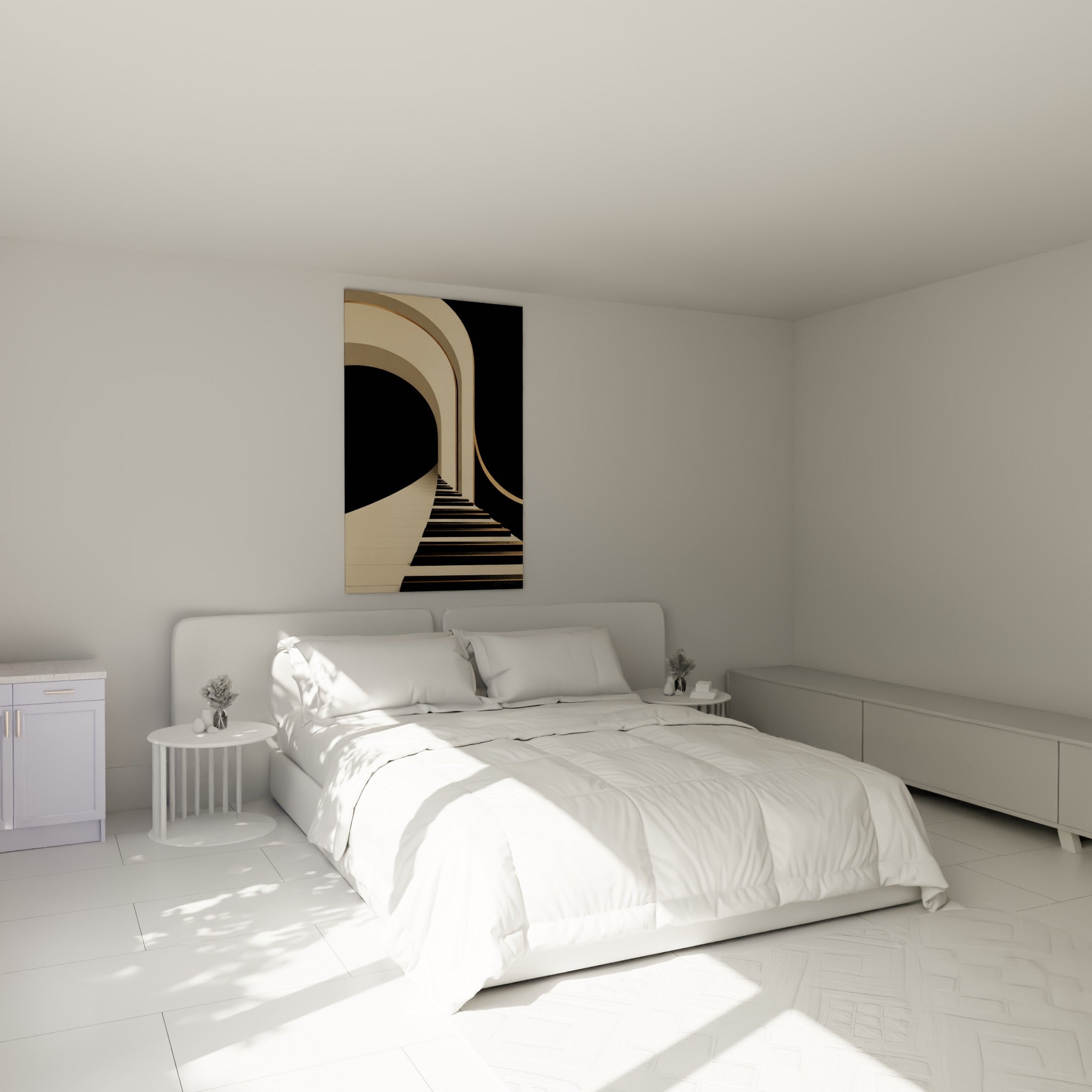 Touches de piano beige et anthracite illuminées de liserés dorés, au-dessus d'un lit dans une chambre claire