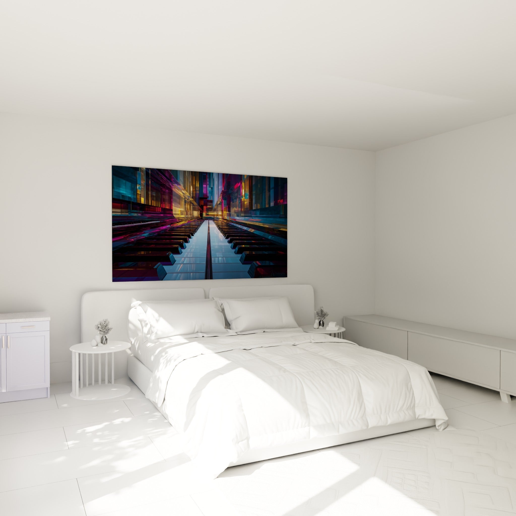 Piano stylisé bleu nuit et magenta accroché au-dessus d'un lit dans une chambre claire
