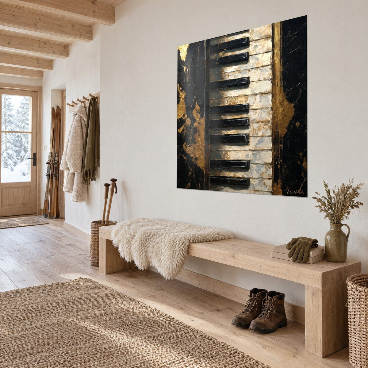 Tableau touches blanches et noires en relief, éclats d'or fissurés, accroché au mur d'une entrée de chalet en bois clair
