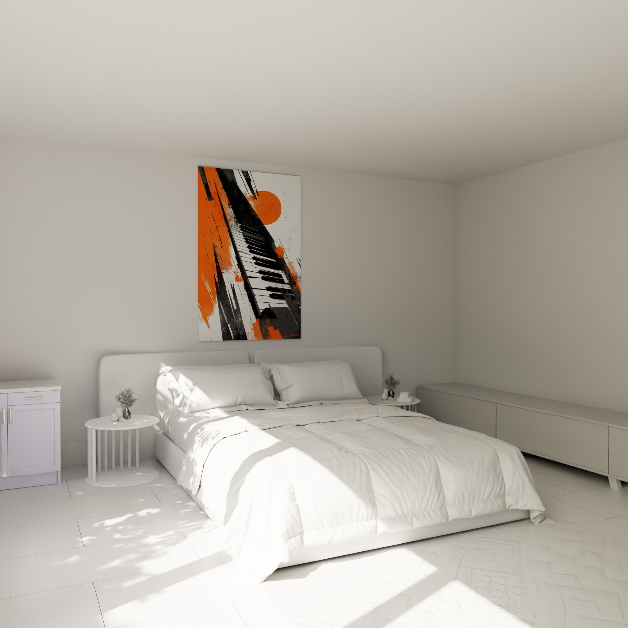 Touches noires et blanches en diagonale, disque orange lumineux, au-dessus d'un lit dans une chambre claire