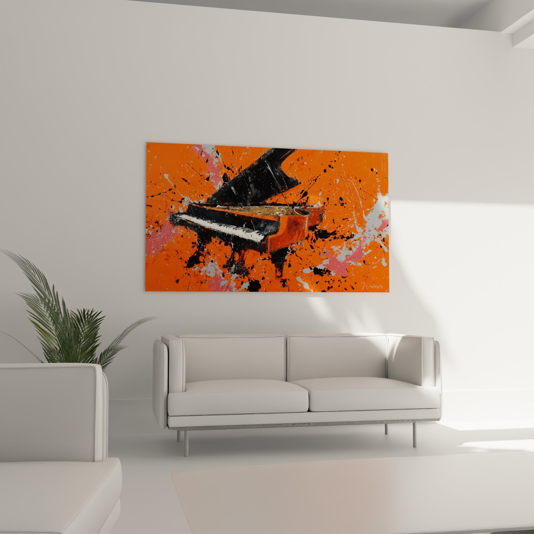 Composition musicale orange et noire aux touches expressives, au-dessus d'un canapé dans un salon lumineux