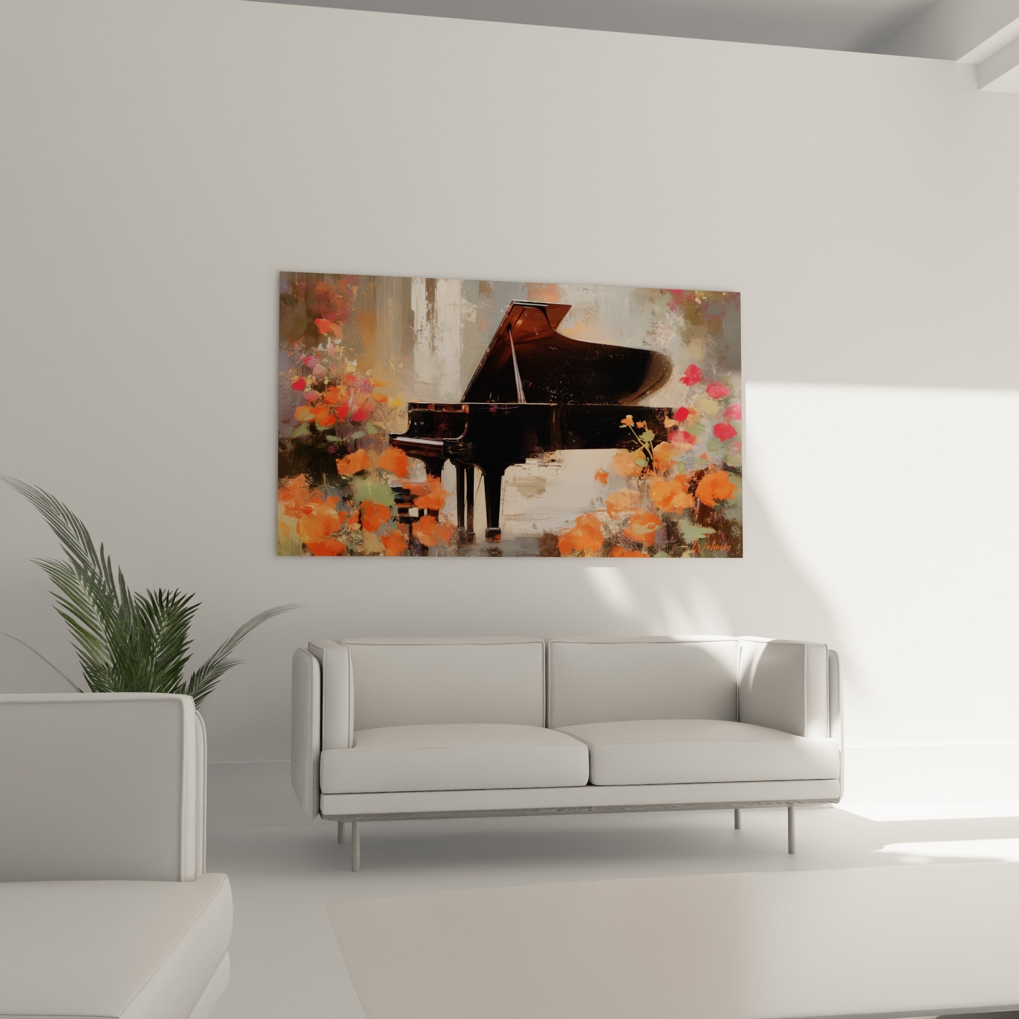 Clavier et fleurs roses vibrantes en touches larges, au-dessus d'un canapé dans un salon lumineux