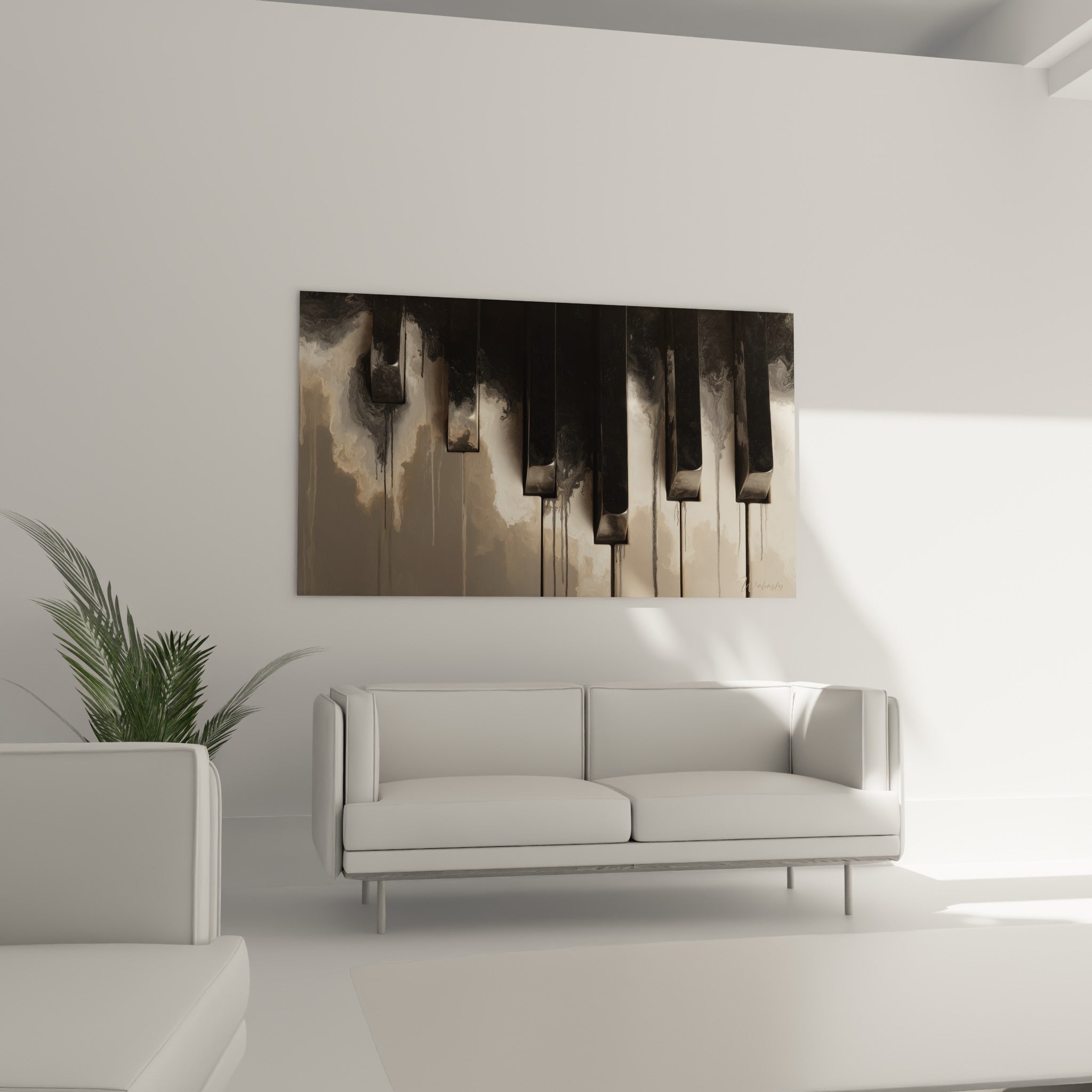 Touches noires et ivoire d'un piano en fusion picturale, au-dessus d'un canapé dans un salon lumineux