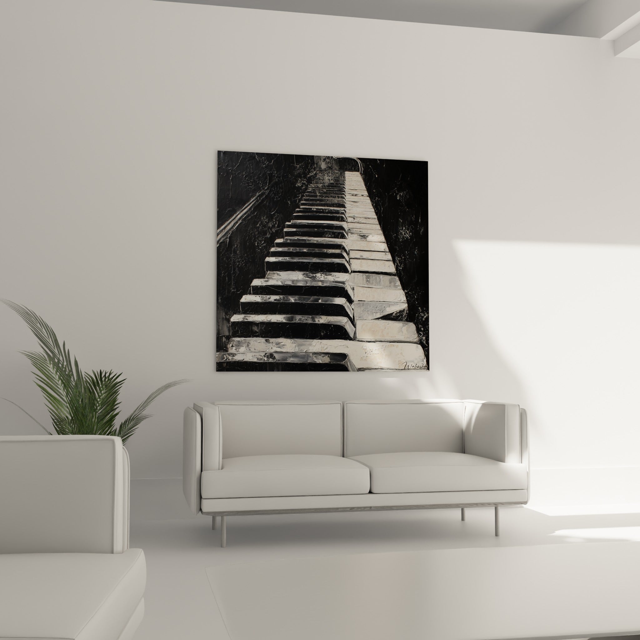 Piano de Musique en noir et ivoire texturé au-dessus d'un canapé dans un salon lumineux