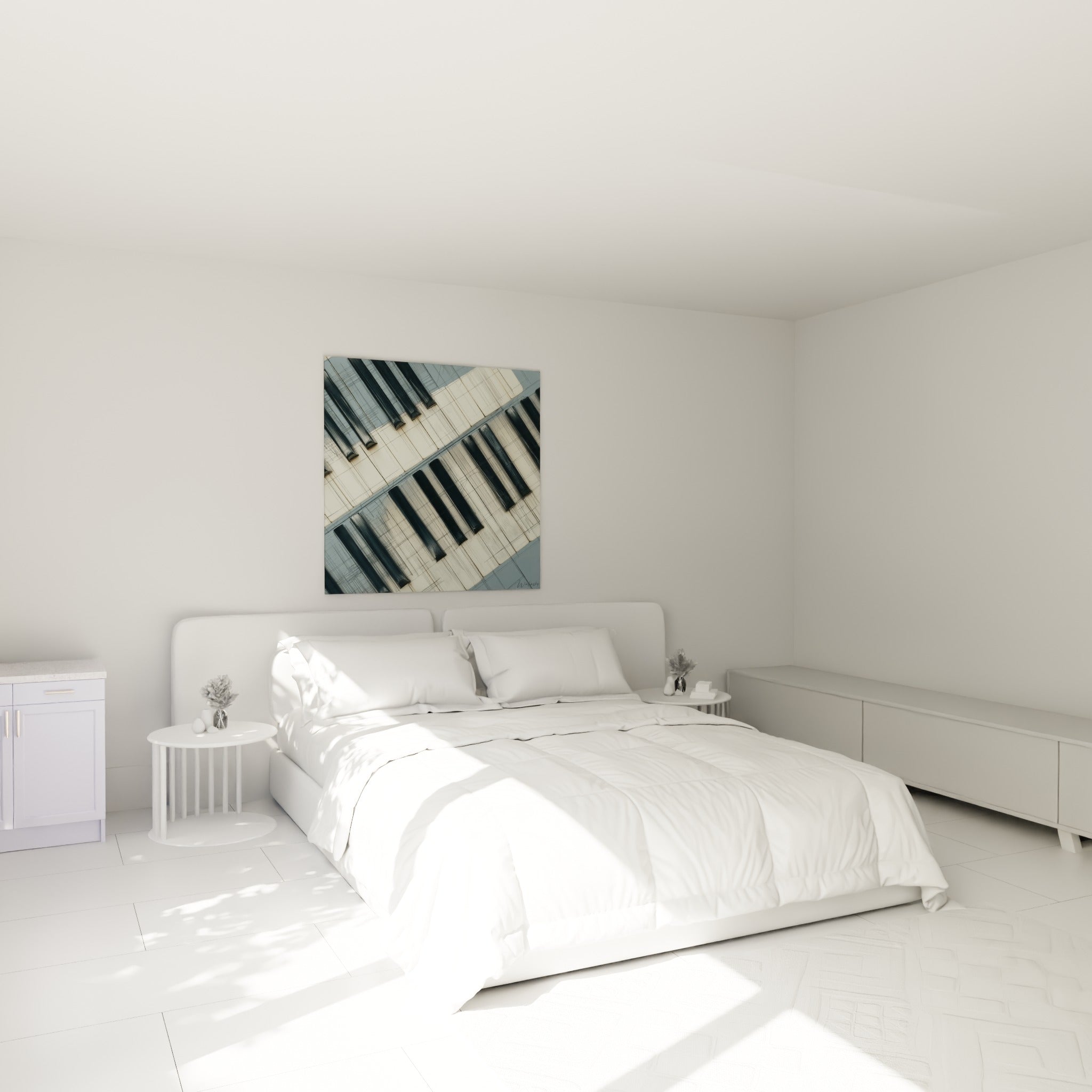 Touches ivoire et noires d'un piano graphique accrochées au-dessus d'un lit dans une chambre claire