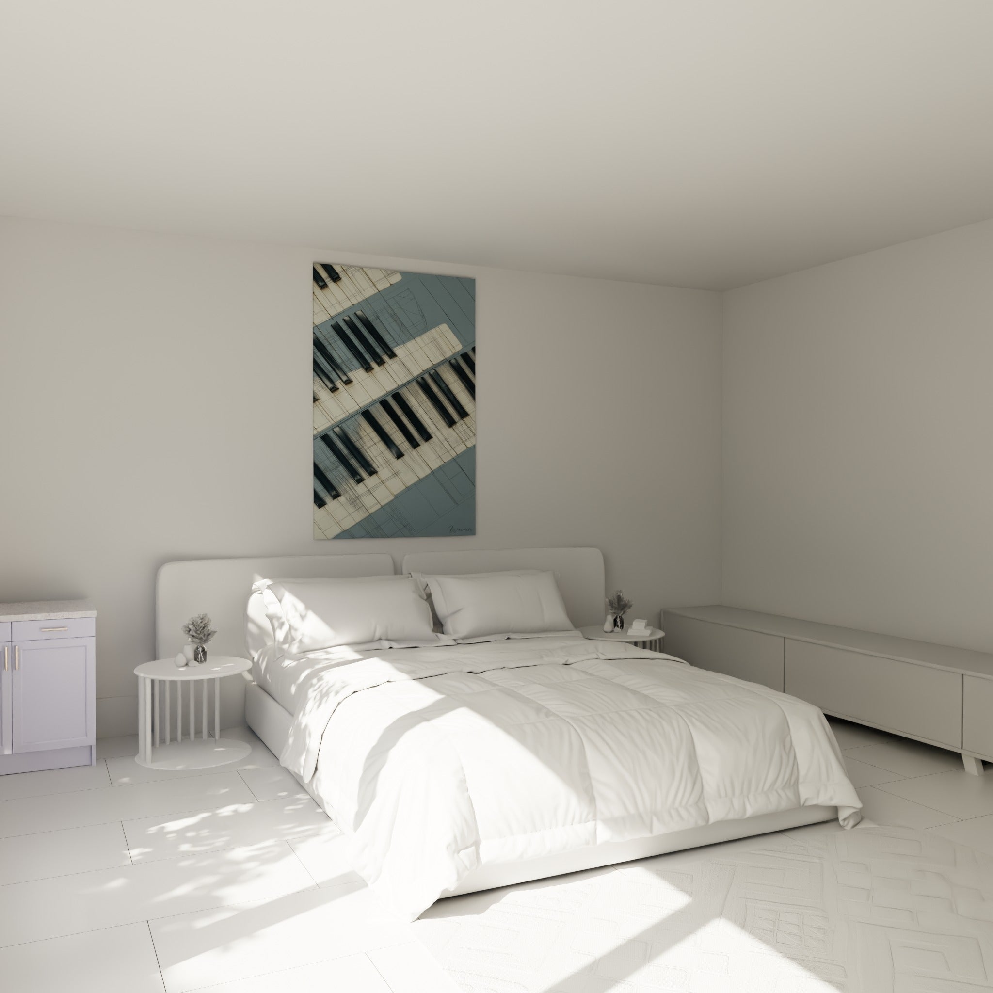 Touches noires et ivoire du piano tracées sur bleu ardoise, au-dessus d'un lit dans une chambre claire