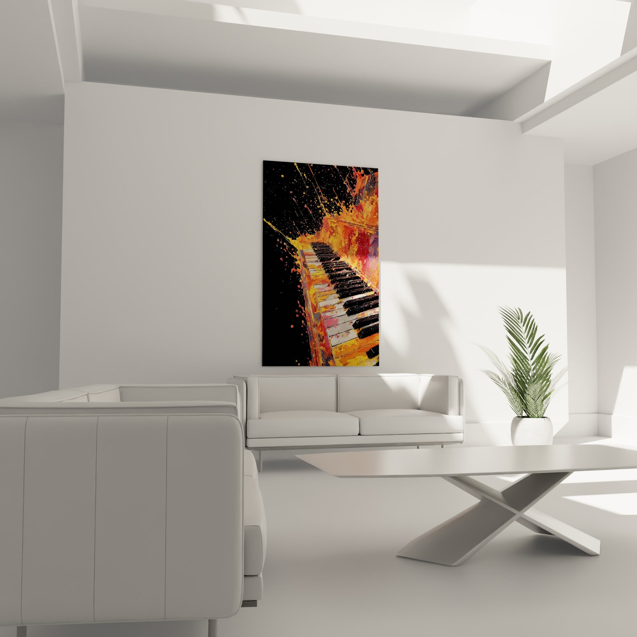 Touches de piano noir et blanc traversées d'éclaboussures rouge et dorée, au-dessus d'un canapé dans un salon lumineux