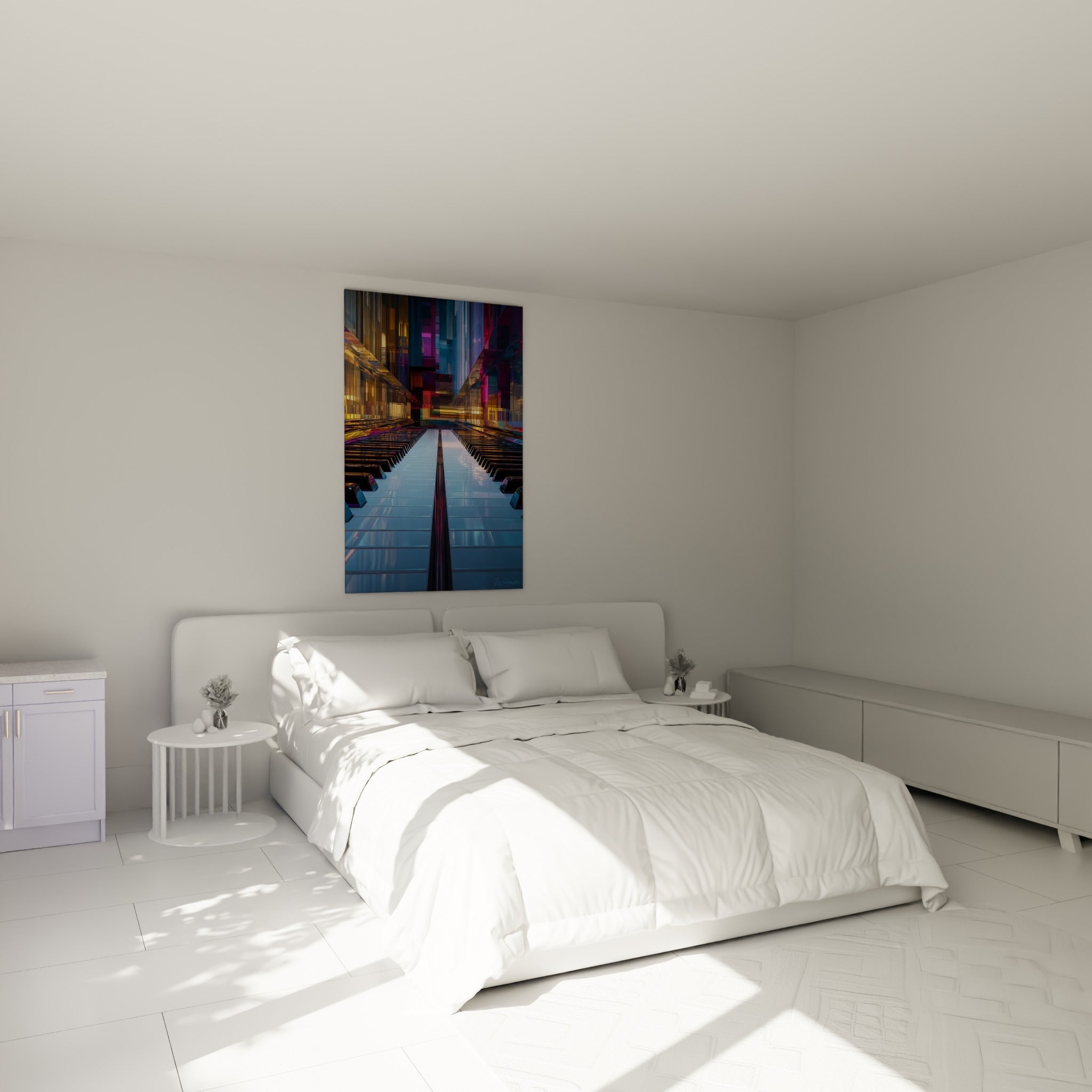 Piano stylisé aux reflets bleu marine et dorés, au-dessus d'un lit dans une chambre claire