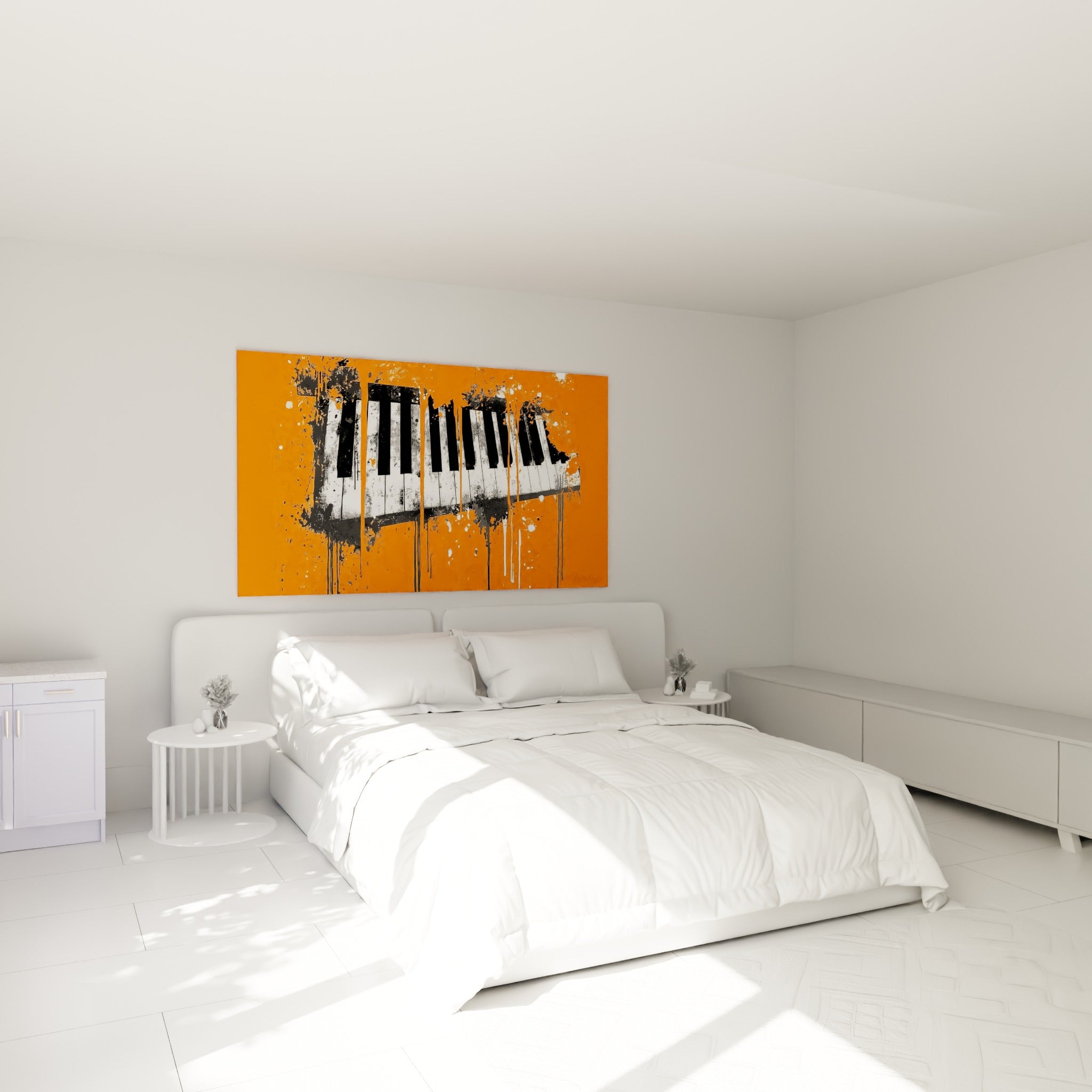 Touches de piano noires et blanches dégoulinantes sur orange, au-dessus d'un lit dans une chambre claire