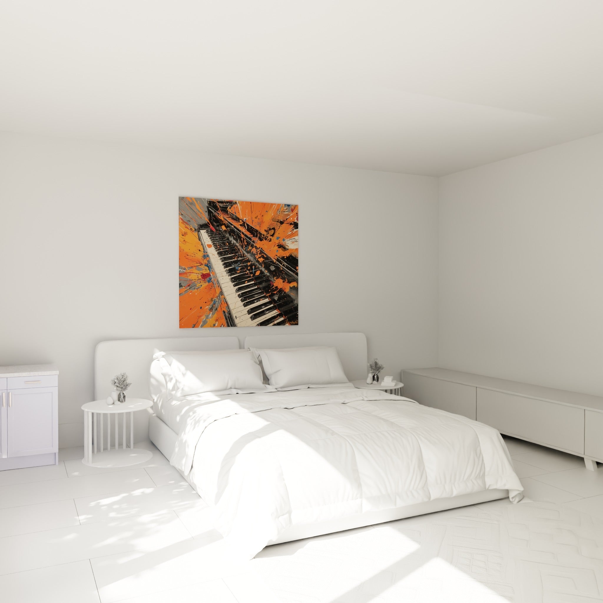 Touches de piano noires jaillissant d'éclaboussures orange vif, accrochées au-dessus d'un lit dans une chambre claire