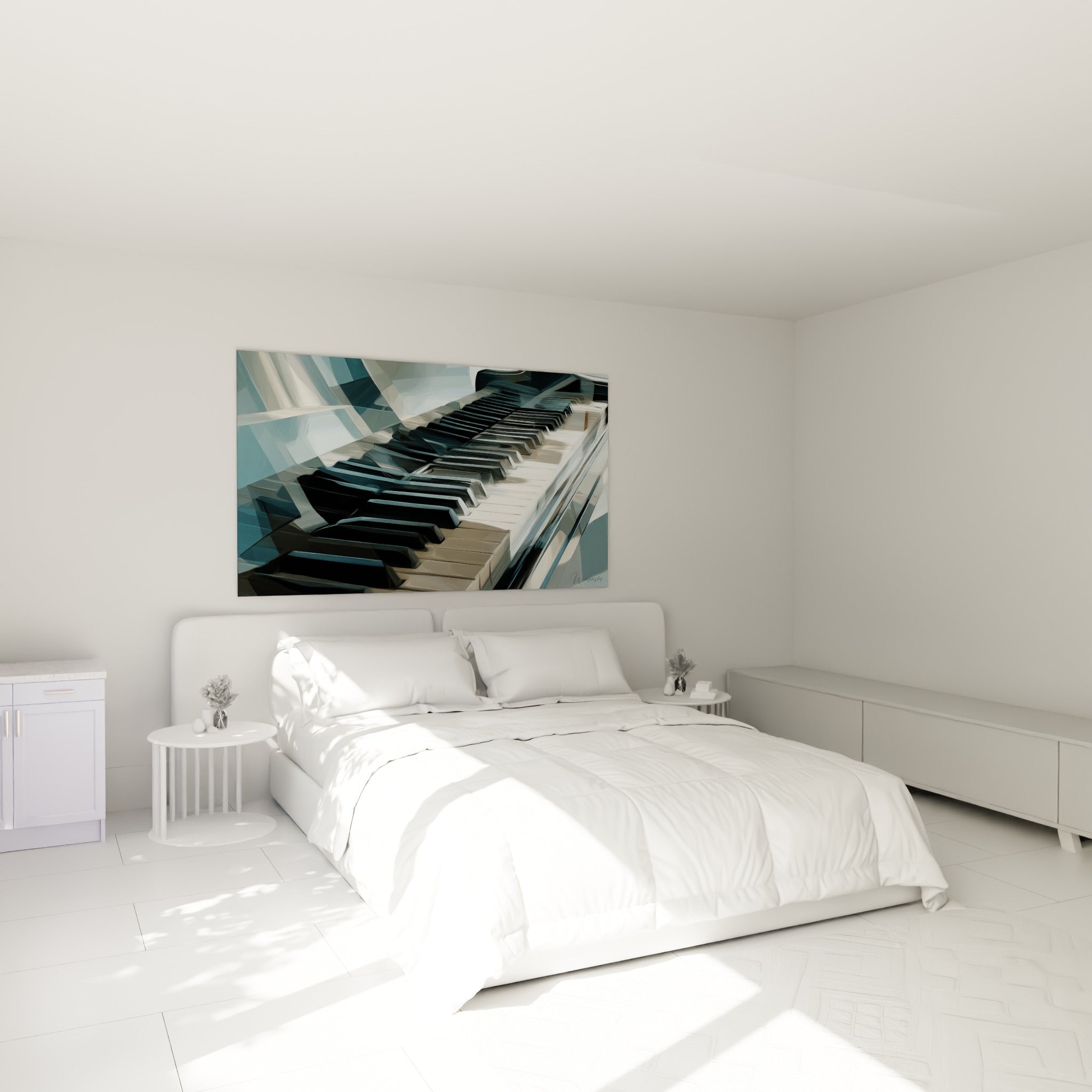 Clavier de piano noir et blanc sur fond bleu gris, accroché au-dessus d'un lit dans une chambre claire
