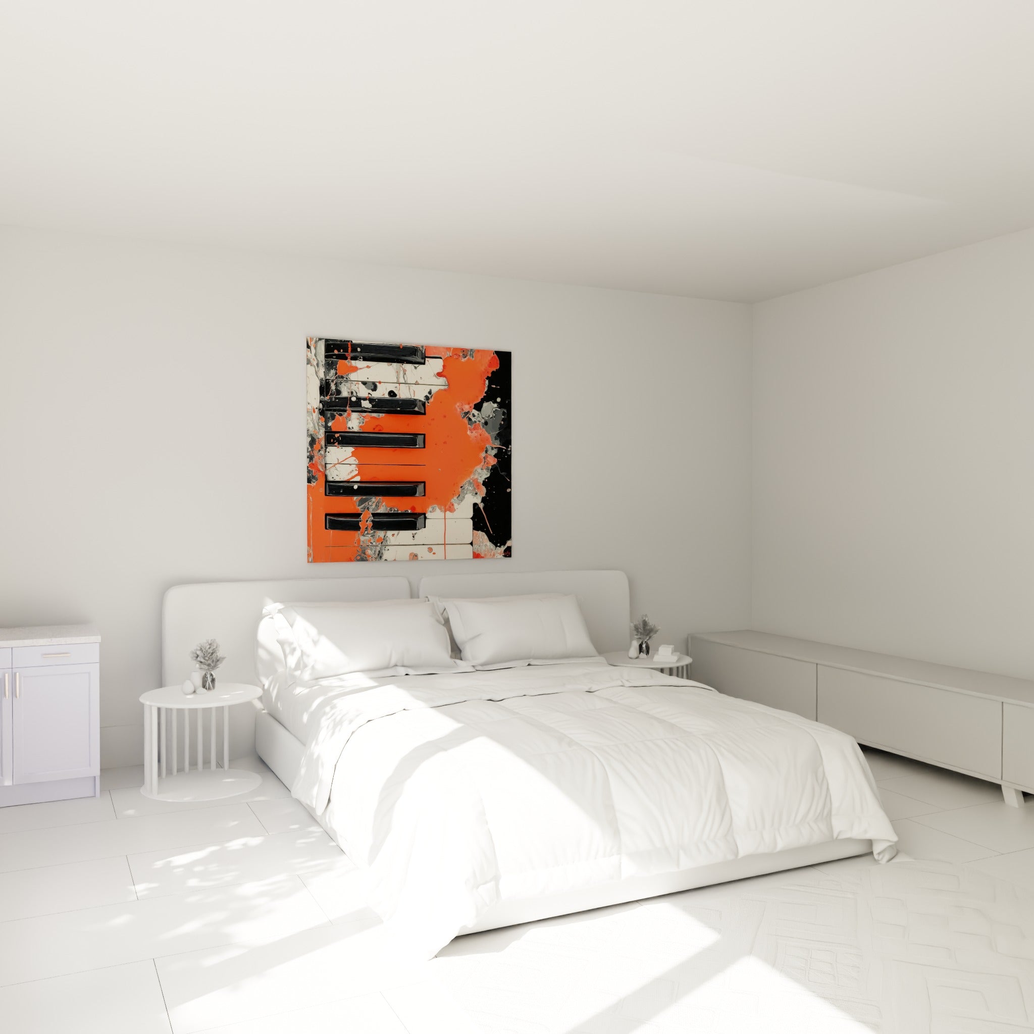Clavier musical orange et noir aux coulures vives, accroché au-dessus d'un lit dans une chambre claire