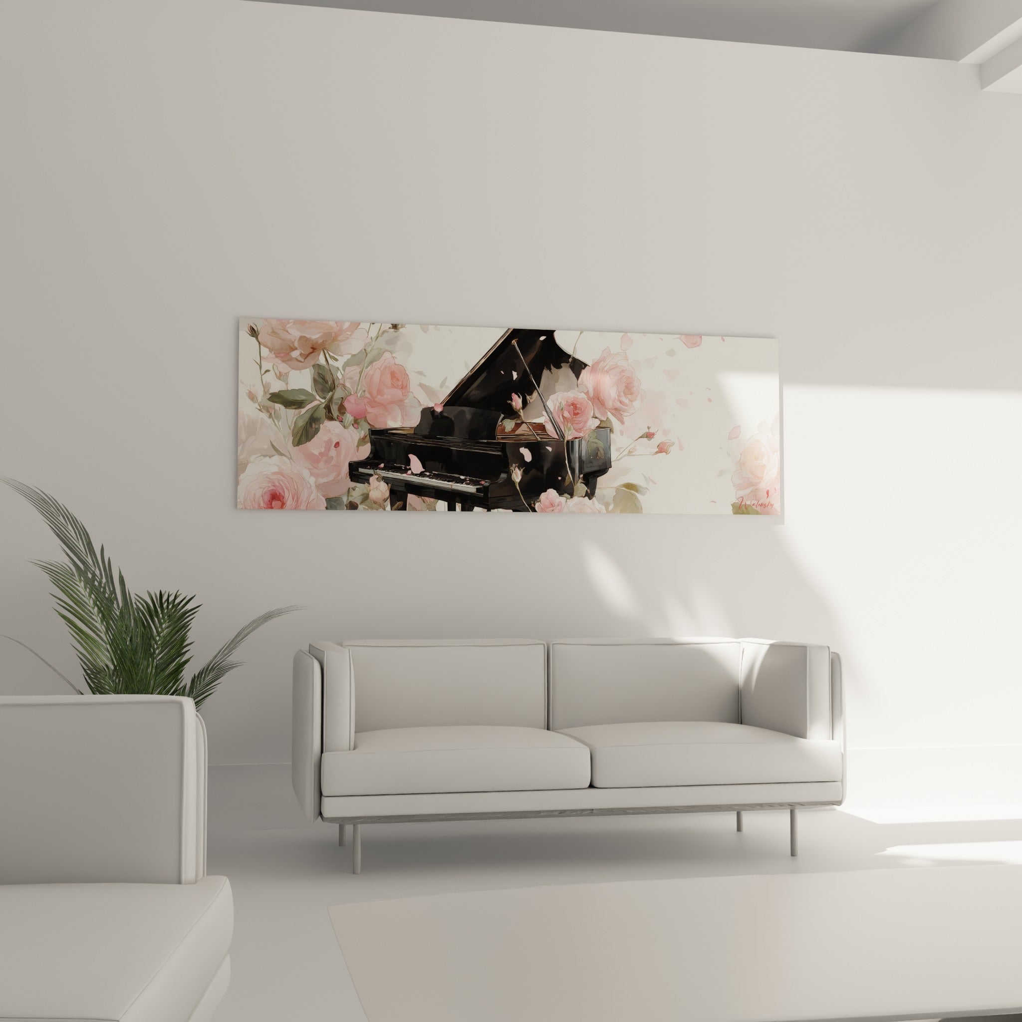 Clavier noir envahi de pétales roses et feuillage vert sauge, au-dessus d'un canapé dans un salon lumineux