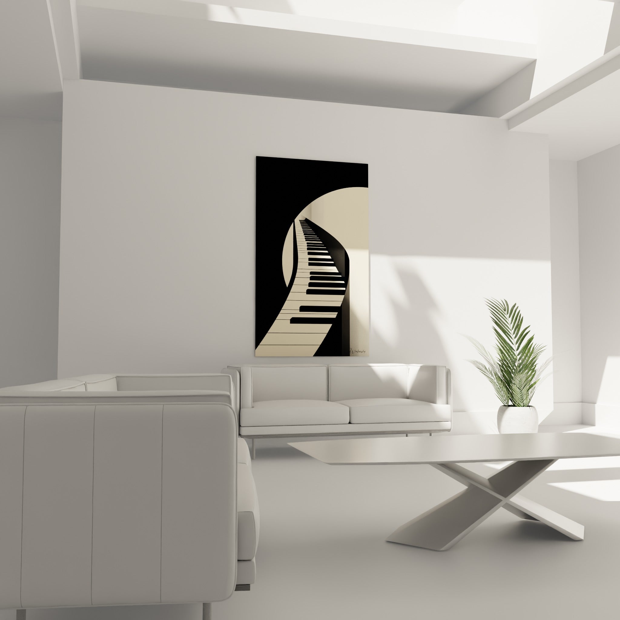 Ruban de clavier noir et crème serpentant vers un halo lumineux, tableau musique au-dessus d'un canapé dans un salon lumineux