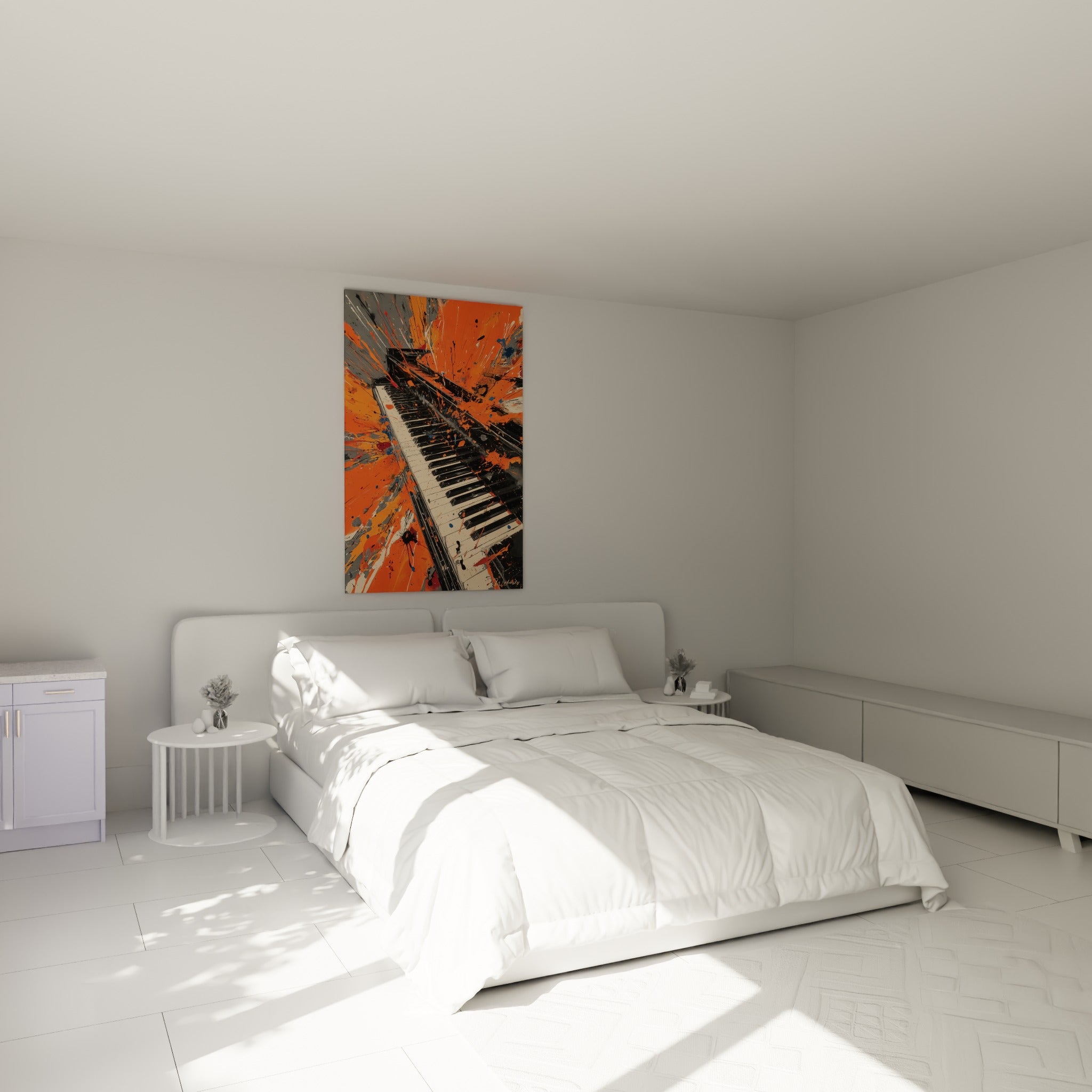 Clavier de piano projeté d'orange vif et de gris, accroché au-dessus d'un lit dans une chambre claire