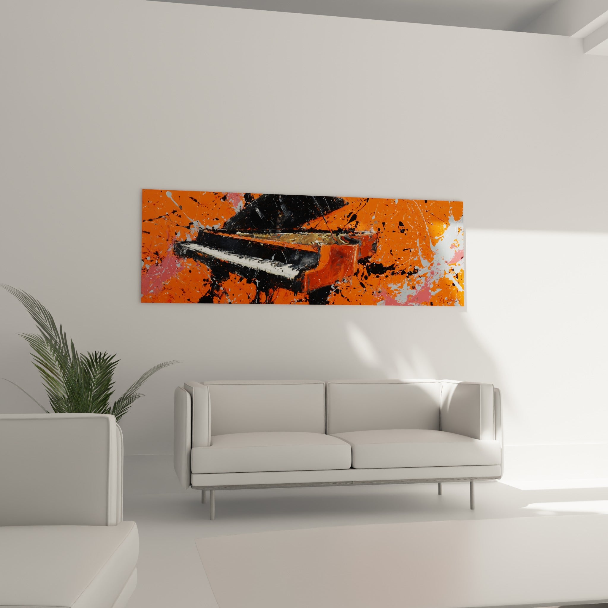 Clavier blanc et noir sur fond orange explosif, positionné au-dessus d'un canapé dans un salon lumineux