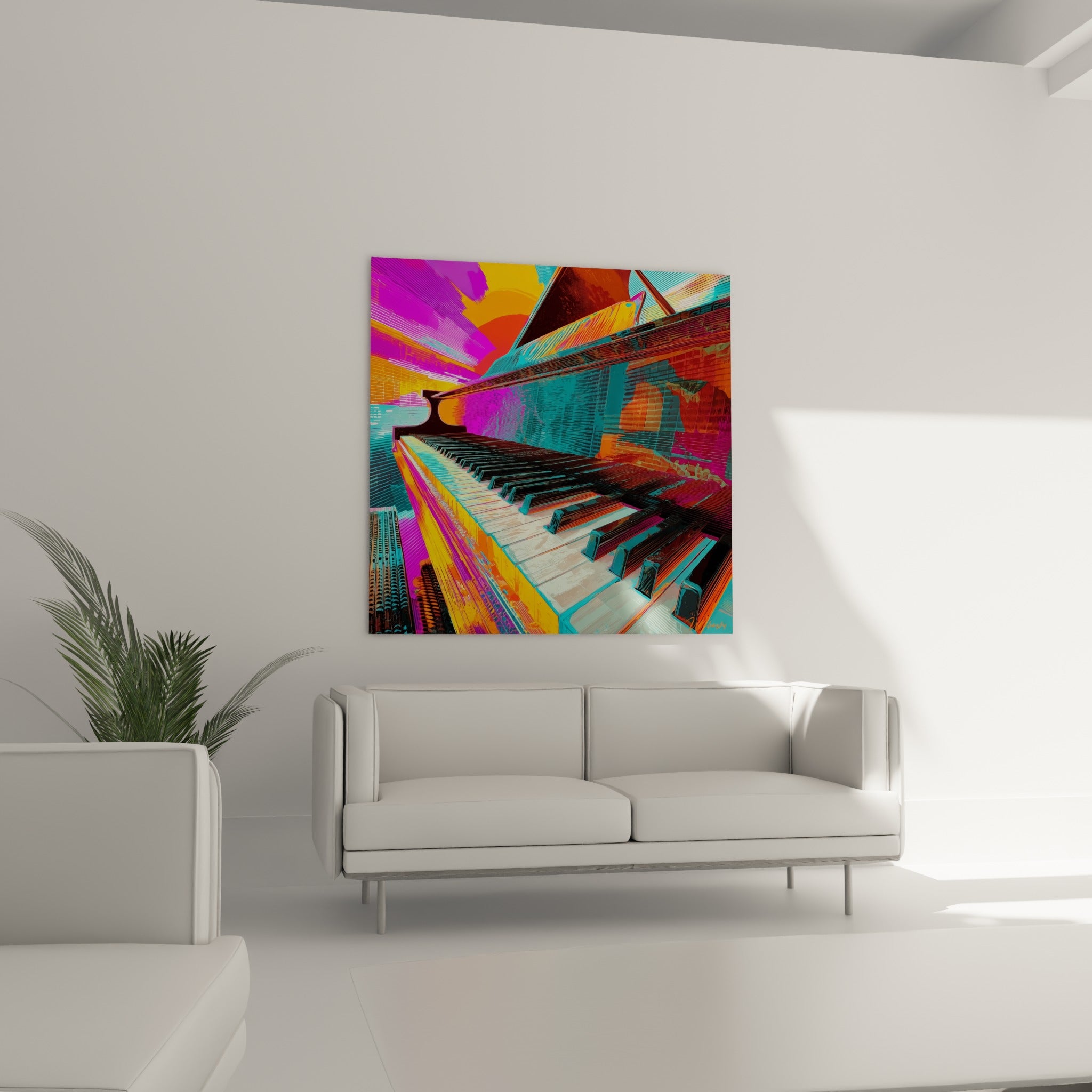 Instrument à cordes stylisé en turquoise et violet, composition dynamique, au-dessus d'un canapé dans un salon lumineux