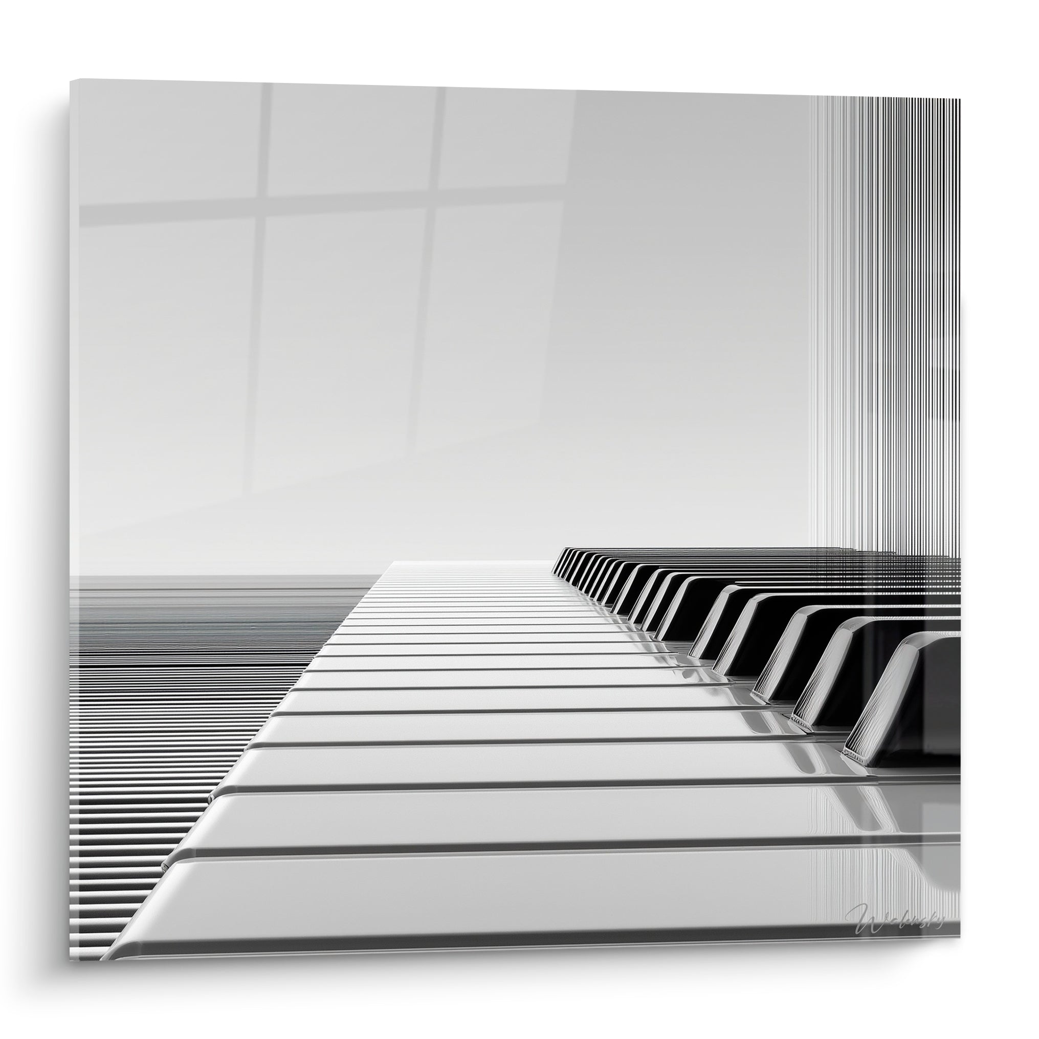 Musique et touches de piano blanches et noires en perspective, lignes graphiques épurées sur fond gris clair