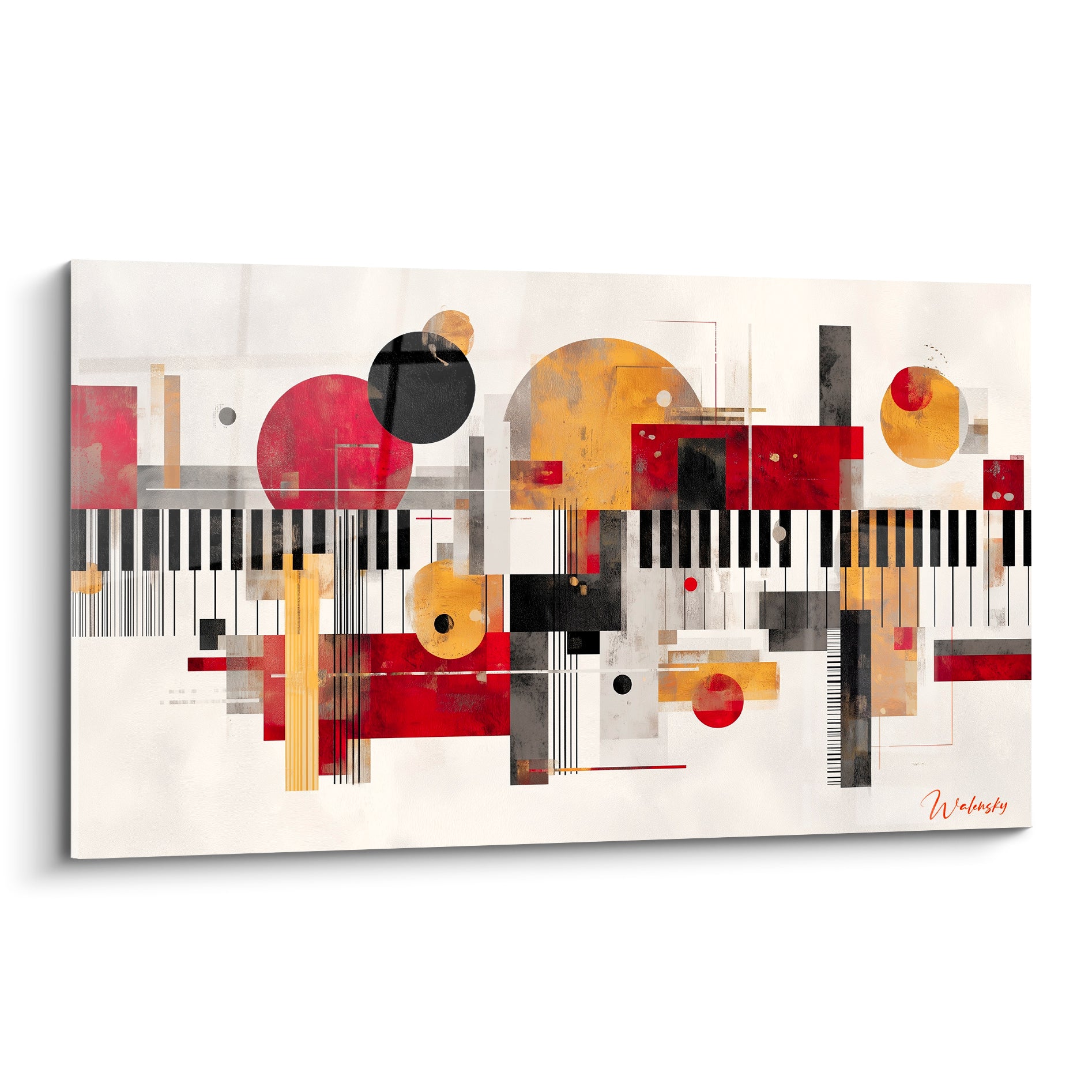 Musique en clavier fragmenté, cercles rouge et doré sur fond ivoire, composition géométrique intense