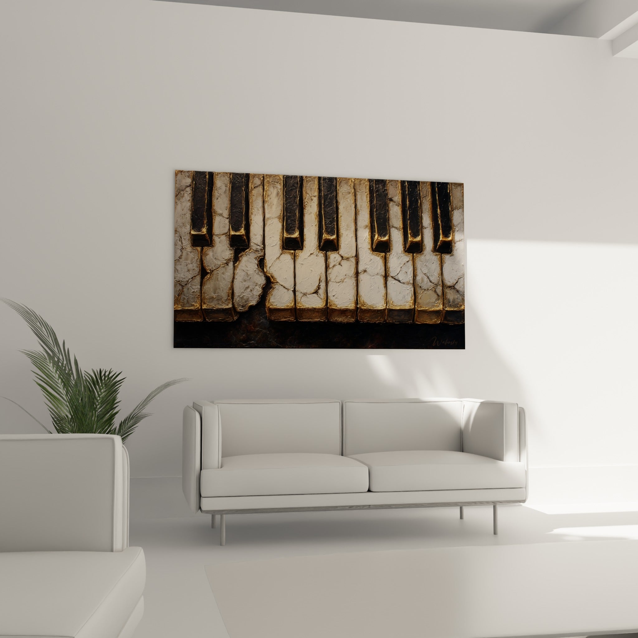 Piano ancien ivoire et bronze aux reliefs texturés, au-dessus d'un canapé dans un salon lumineux