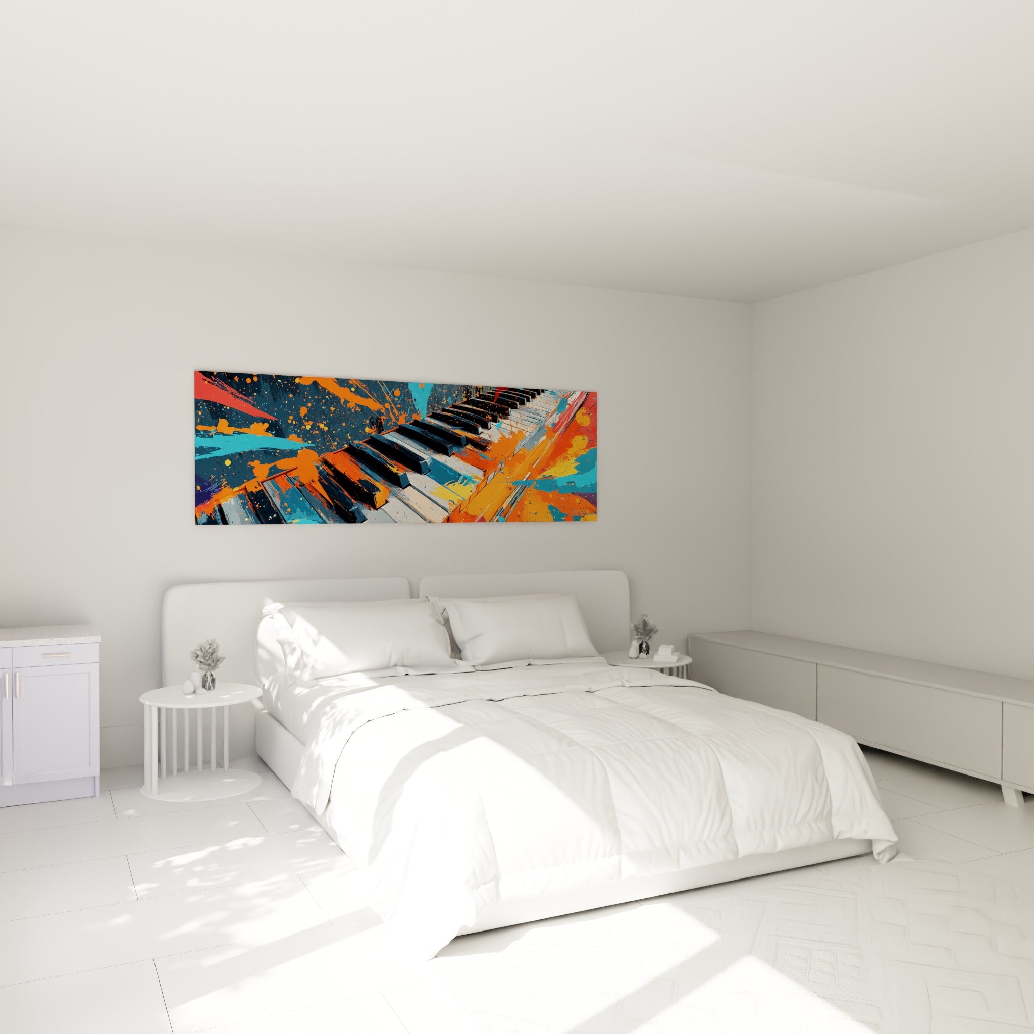 Touches noires et blanches éclatées d'orange et turquoise, au-dessus d'un lit dans une chambre claire
