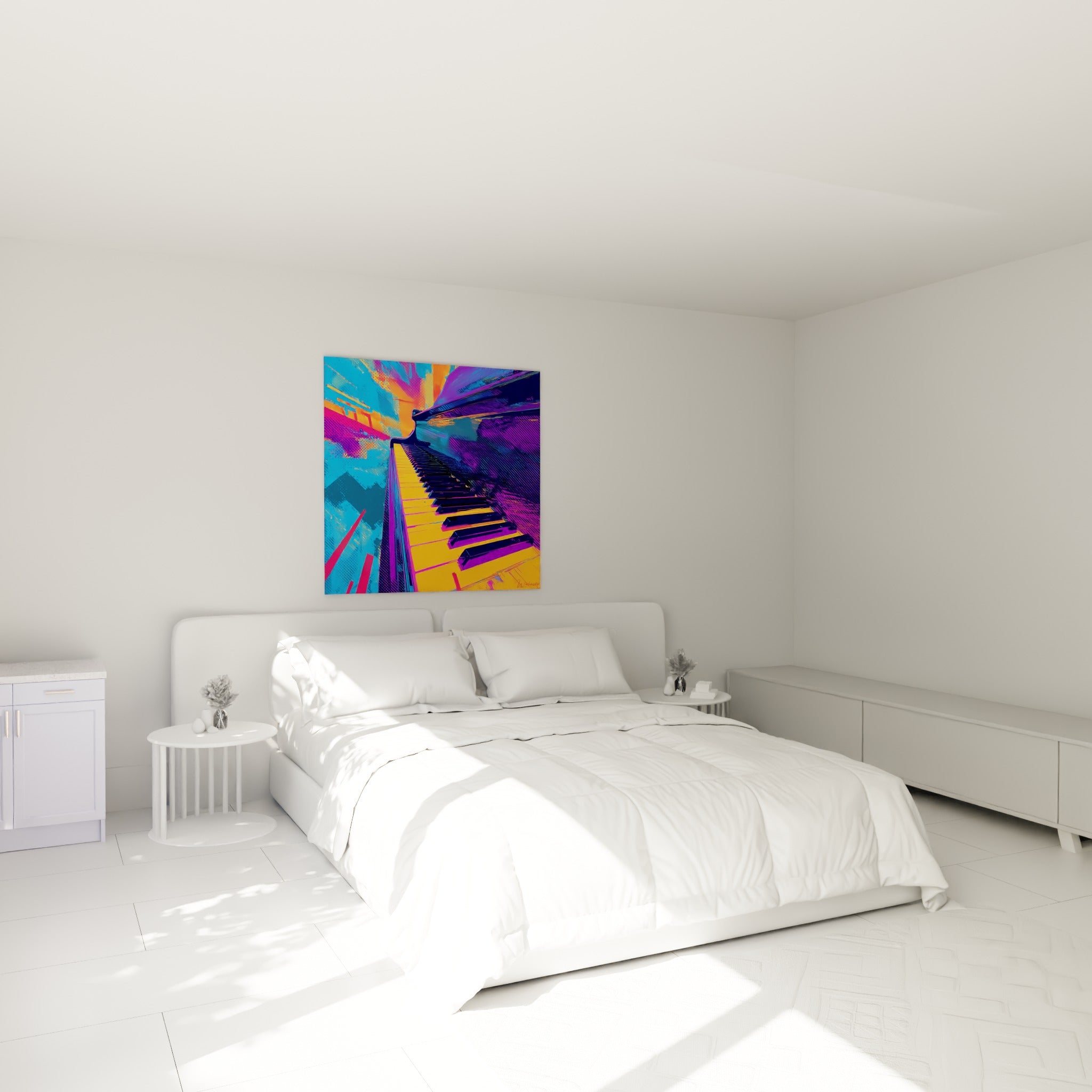 Piano stylisé aux tons orange et bleu turquoise, au-dessus d'un lit dans une chambre claire