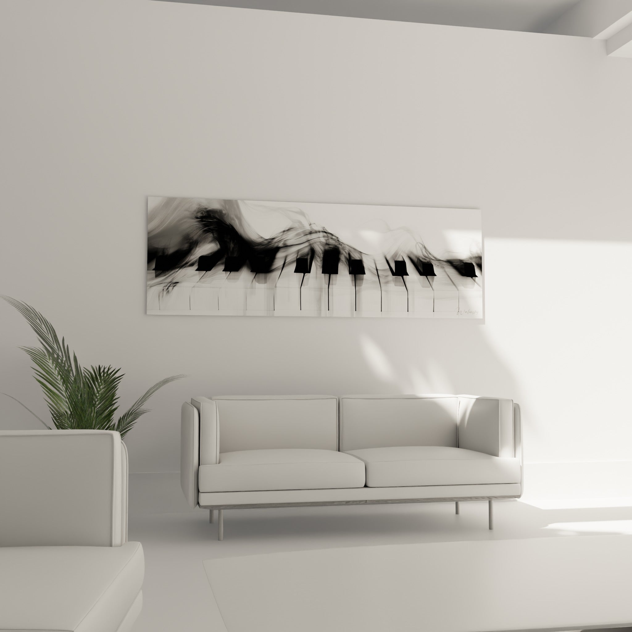 Vagues de fumée grise sur touches de piano noires, suspendues au-dessus d'un canapé dans un salon lumineux