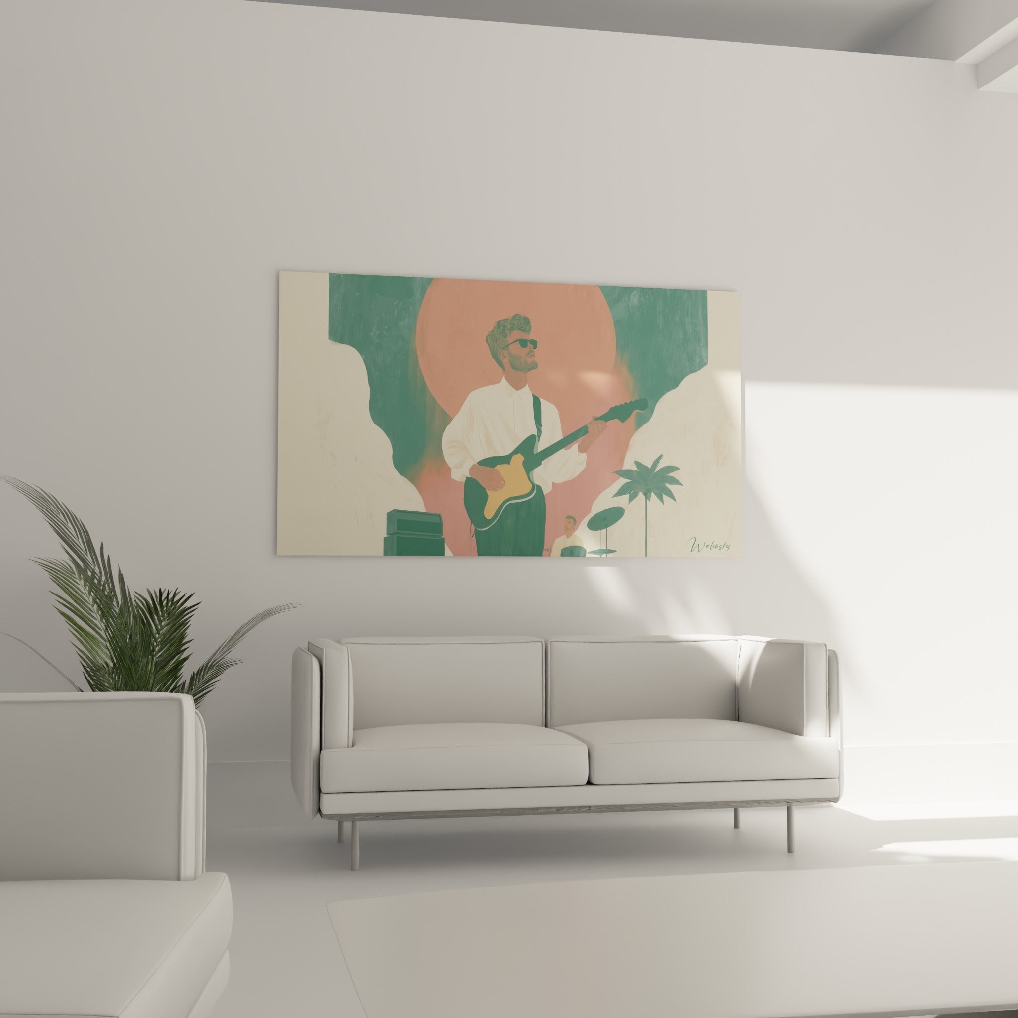 Scène de concert terracotta et vert sauge avec guitariste et batteur, au-dessus d'un canapé dans un salon lumineux