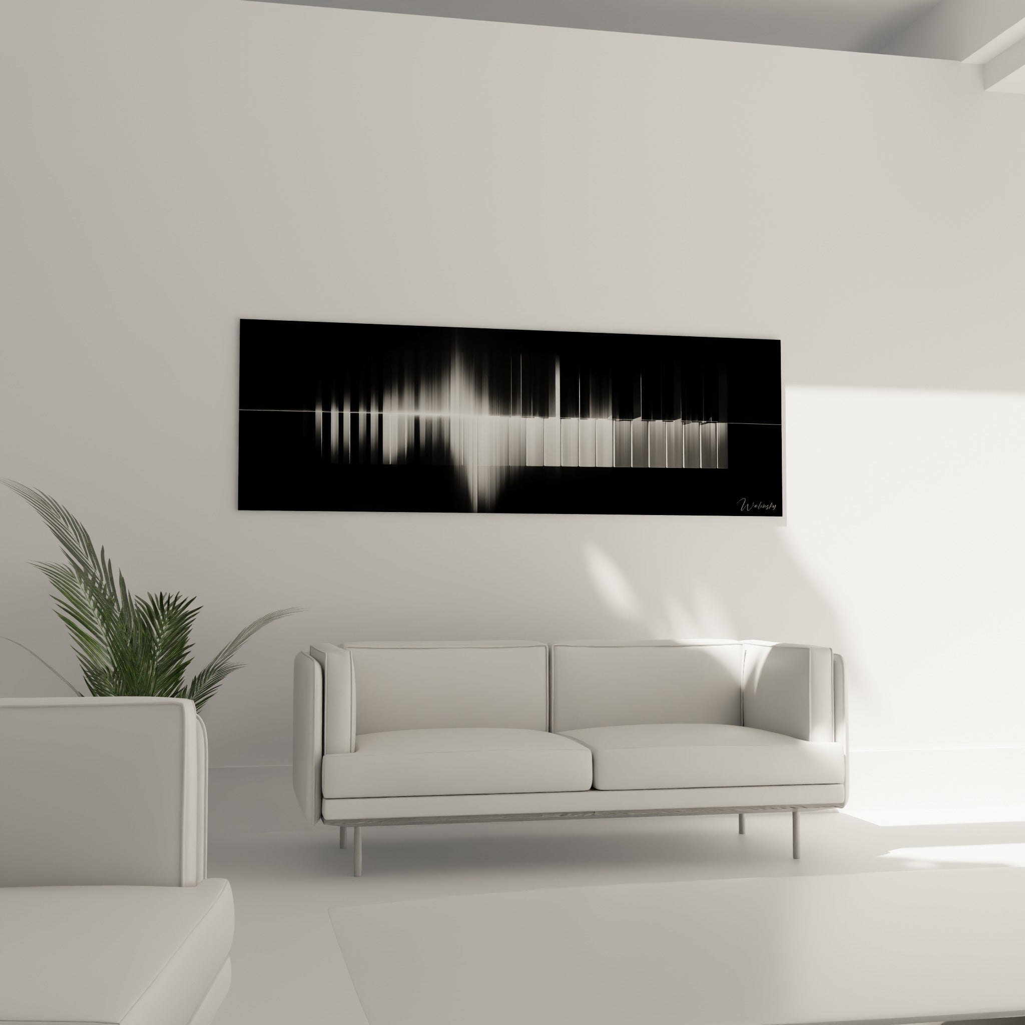 Composition graphique de Musique en clair-obscur, au-dessus d'un canapé dans un salon lumineux