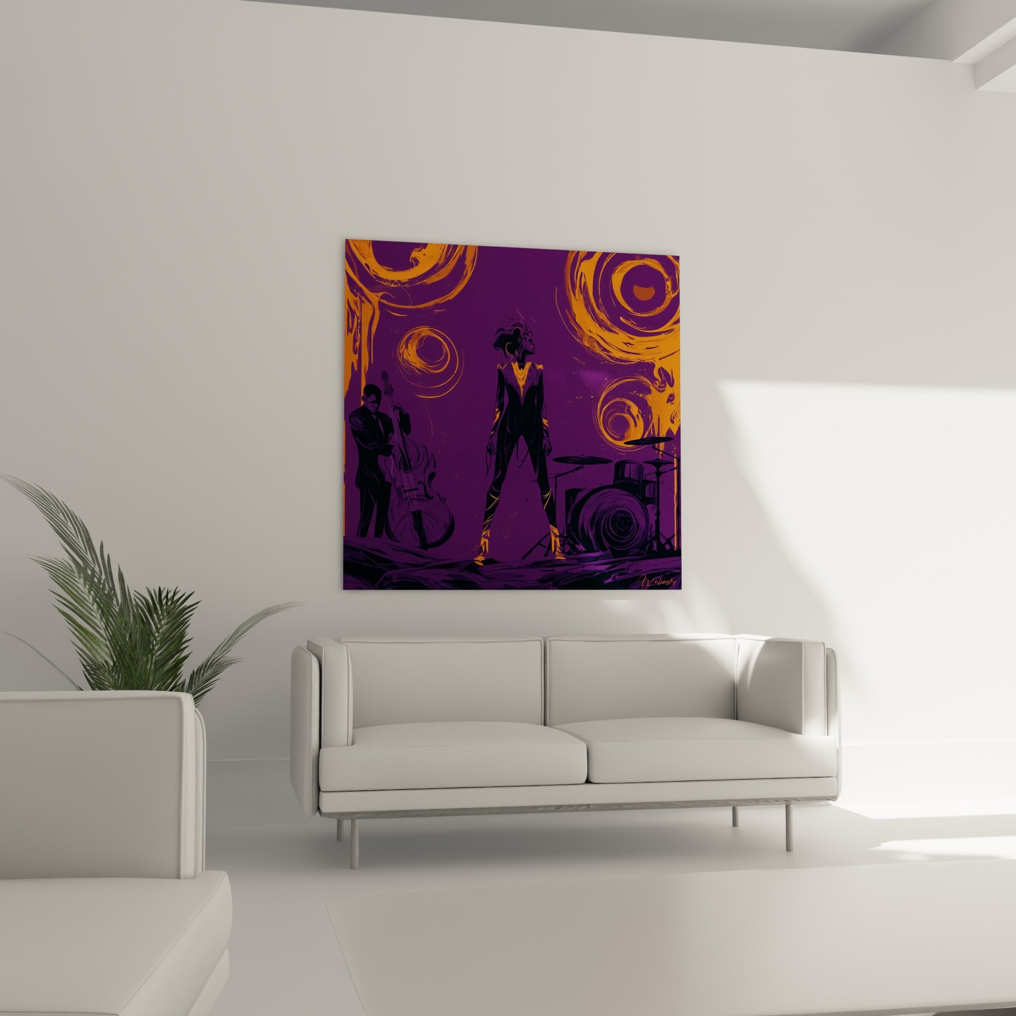 Silhouettes musicales en violet profond et cercles orange dynamisant un salon lumineux et sobre