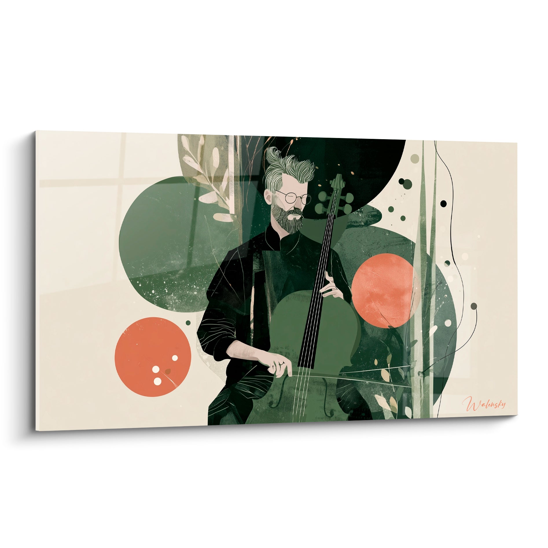 Musicien barbu jouant de la contrebasse, cercles vert sauge et terracotta sur fond ivoire graphique